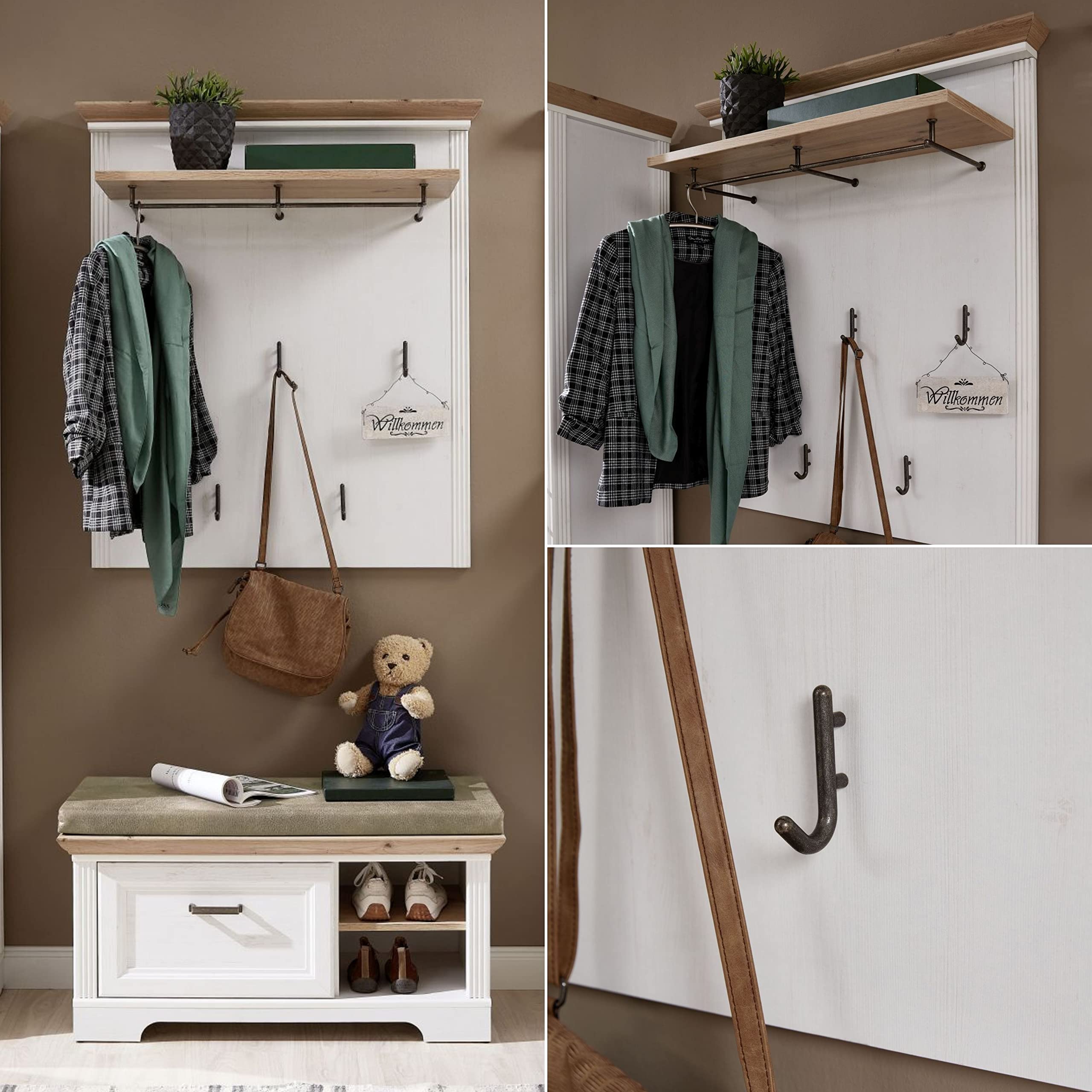 Stella Trading JASMIN Garderobenpaneel in Pinie hell, Artisan Eiche Optik - Landhausstil Hutablage & zuverlässige Wandhaken für Jacken & Taschen - 93 x 107 x 30 cm (B/H/T)