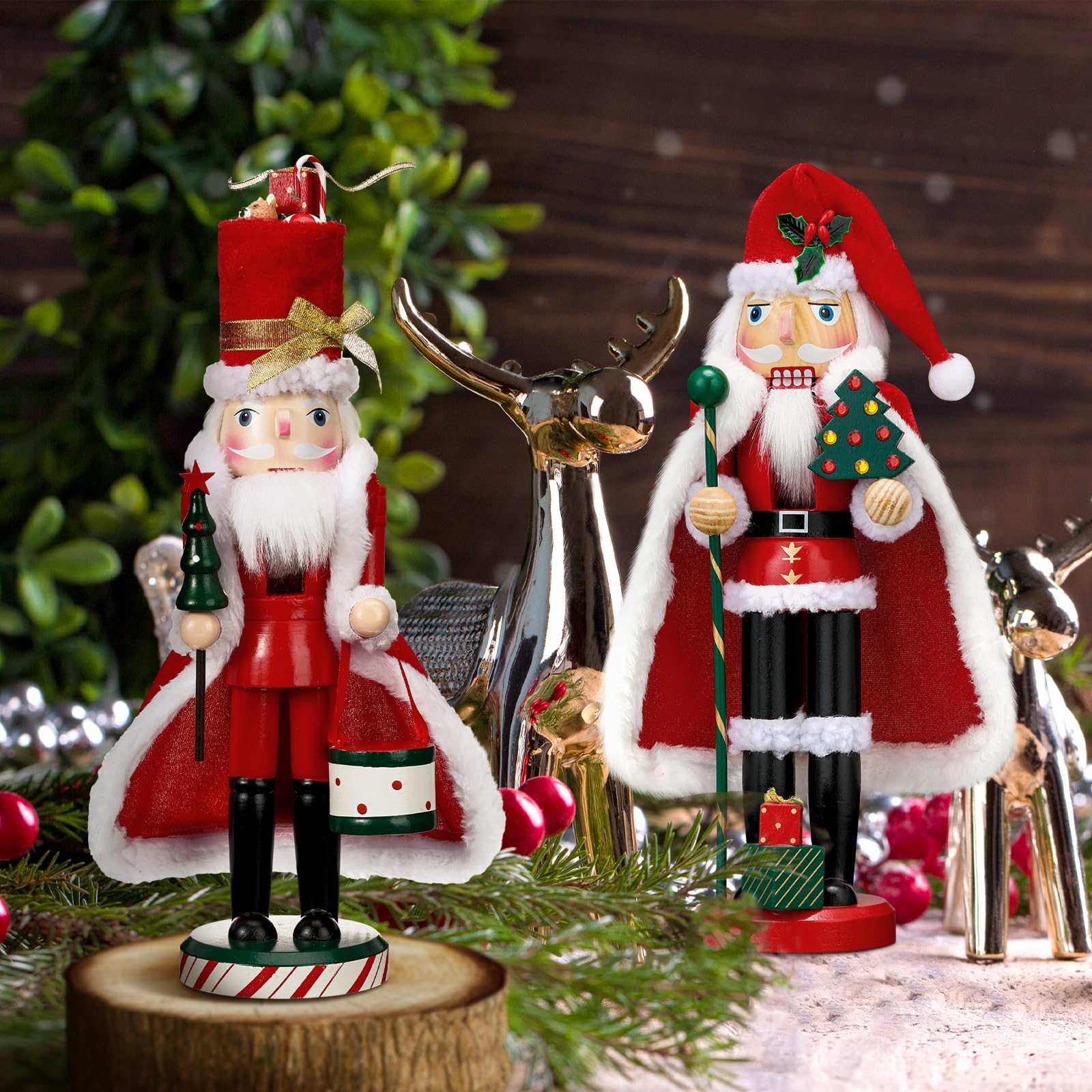Soaoo Nussknacker-Figuren aus Holz, 33 cm, Weihnachtsmann-Nussknacker, dekorativ, rot, grün und weiß, Nussknacker, für Weihnachten, festliche Geschenke, Tischdekoration, 2 Stück