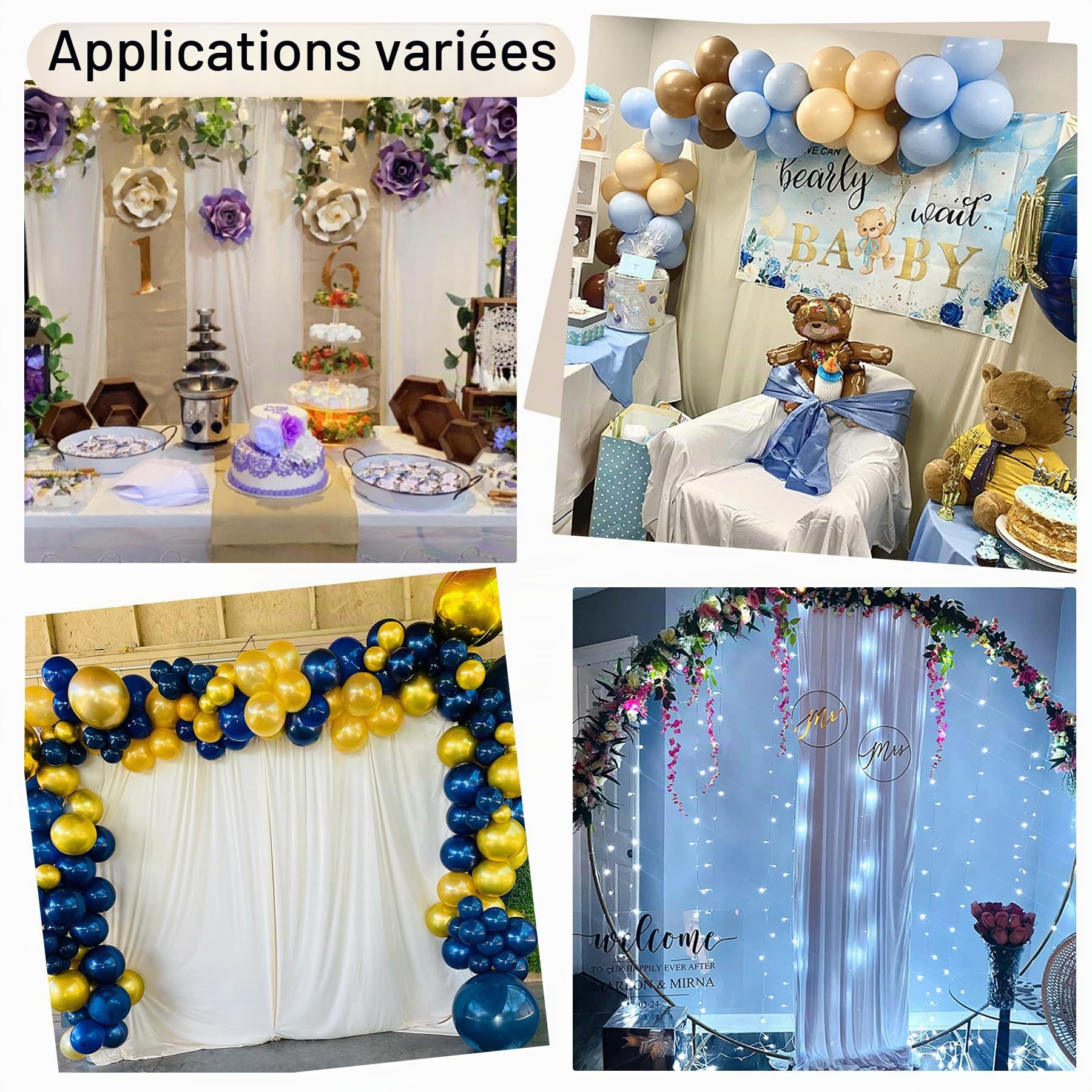 NSSONBEN Toile de fond sans plis de 15,2 m x 2,4 m en ivoire pour les fêtes, 10 panneaux de 1,5 m x 2,4 m en polyester soyeux pour mariage, toile de fond pour photographie de baptême et d’anniversaire