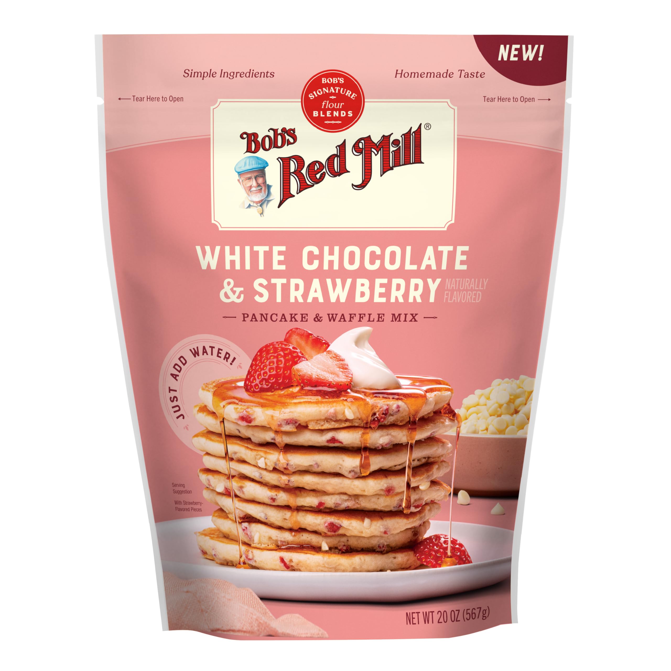Bob’s Red Mill White Chocolate & Strawberry Pancake/Waffle Mix, 20 Ounce (Pack of 1) – Just Add Water, Makes 32-40 Pancakes per Bag