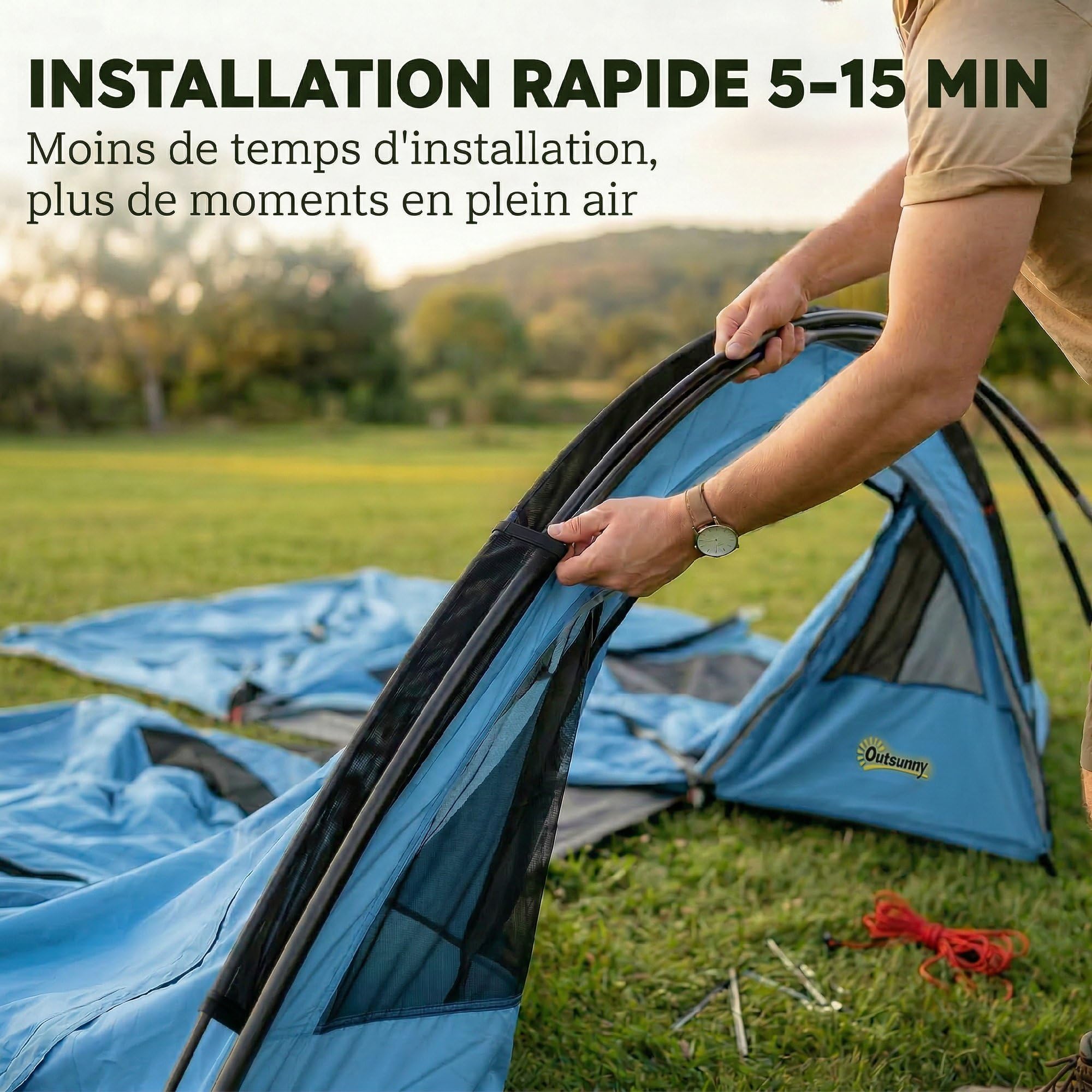 Outsunny Grande Tente Tunnel Camping 4 Personnes 3-4 Saisons Bleu Gris | Hauteur d'Homme 2 m, Séjour XL 3,7 m, Imperméable 3000mm, Tapis De Sol Cousu, 4 Portes, 6 Fenêtres