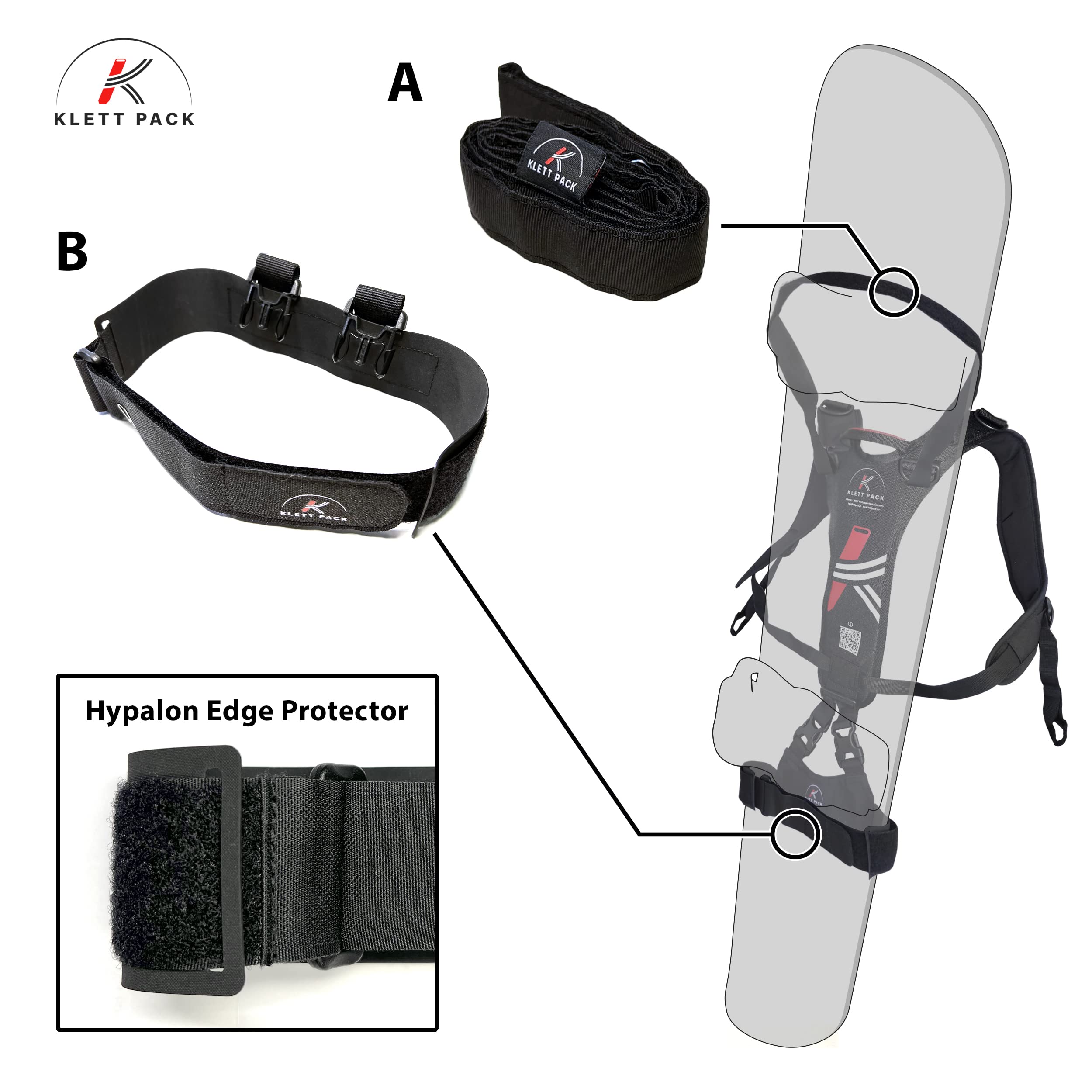 KLETTPACK® Tragegurt für Snowboards, Ski, Mountainboards, Longboards. Tragehilfe und Rückengurt für den Alltag.