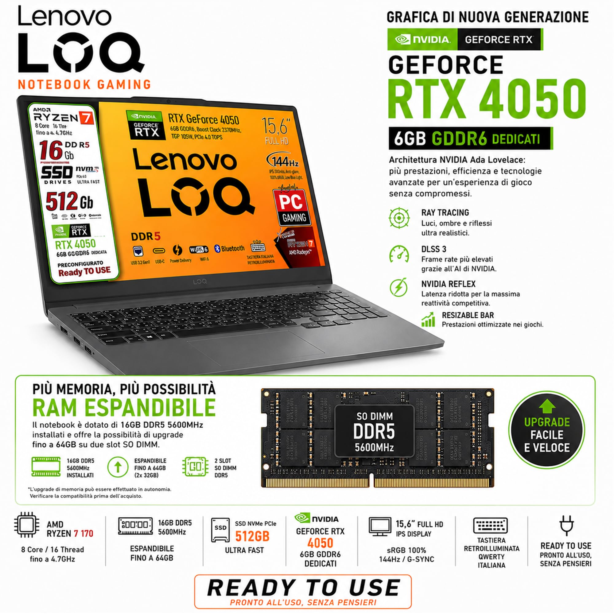 Lenovo Notebook Gaming Ryzen 7 170 GeForce RTX 4050 6GB, Display 15.6 144Hz | RAM DDR5 16GB, SSD 512GB, IPS 15,6" SRGB 100 144Hz G-SYNC Tastiera Retroilluminata, ready to Use, Include alimentatore