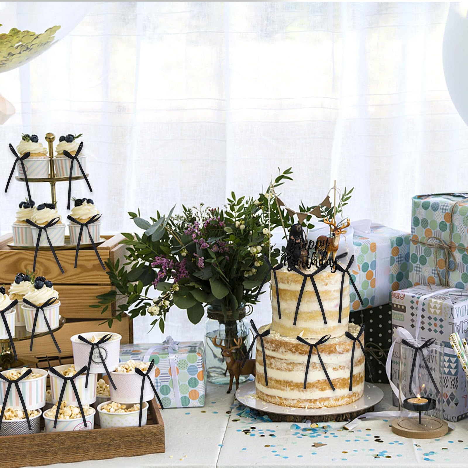 Cosmeria Set di decorazioni per torte con 6 fiocchi neri e cartello Happy Birthday, decorazione per torte per compleanno, decorazione vintage per torte per Coquette Party
