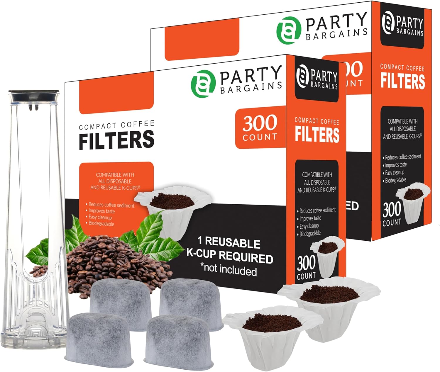 Party Bargains 600 White Compact Coffee Filters with 6 Charcoal Water Filter Pods & Clear Holder (2.0-Style Fit)