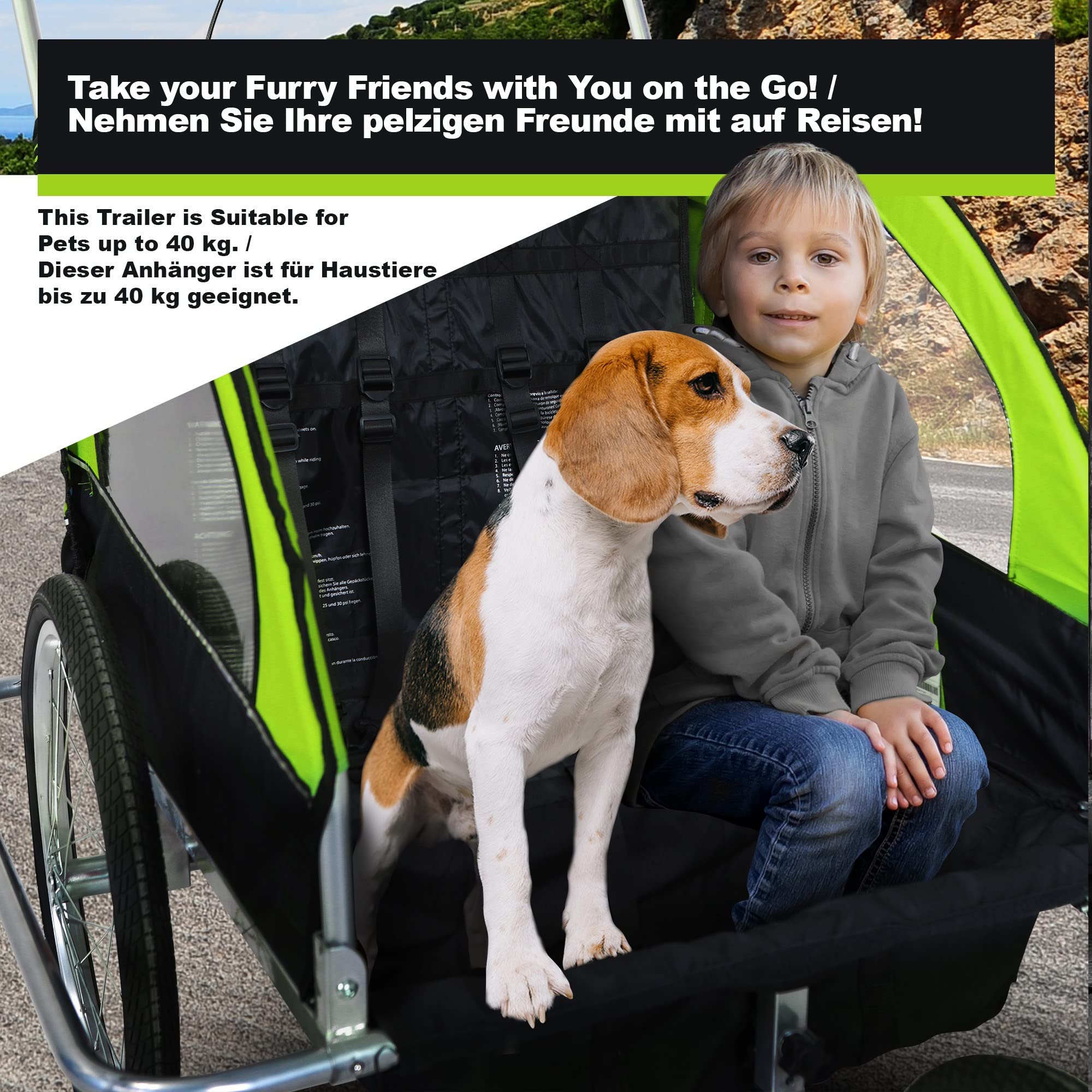 Jago® Remolque para Bicicleta – 2 plazas para niños de 12 Meses + fijación de 5 Puntos, Plegable, Bolsillos Laterales, Carga máxima 40 kg, en 3 Colores – Carrito para Perros, Cochecito de bebé