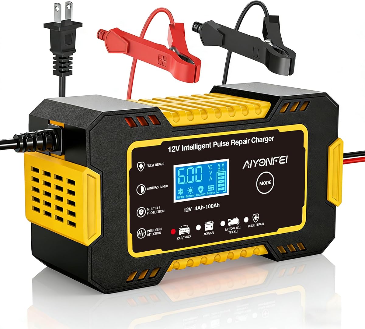12V 6-Amp Battery Charger, Smart Trickle Charger Maintainer Yellow | Battery Desulfator, Winter & Summer Mode, Lead-acid Battery Chargers, for Car Truck Motorcycle Lawn Mower Boat