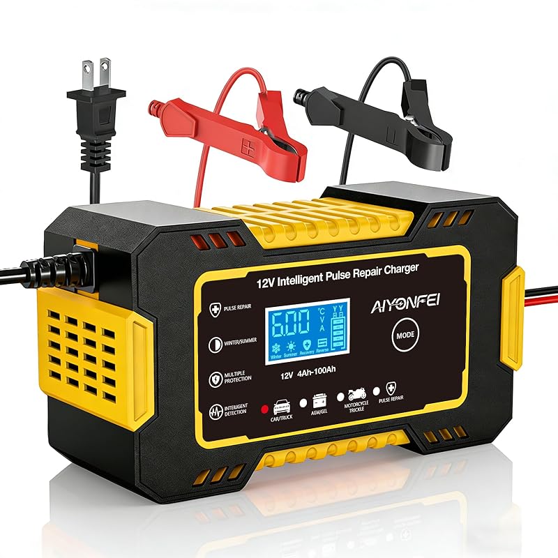 Carregador Inteligente de Bateria Automotiva 12 V 6 A com Manutenção, Display LCD e Modo Automático AIYONFEI Amarelo