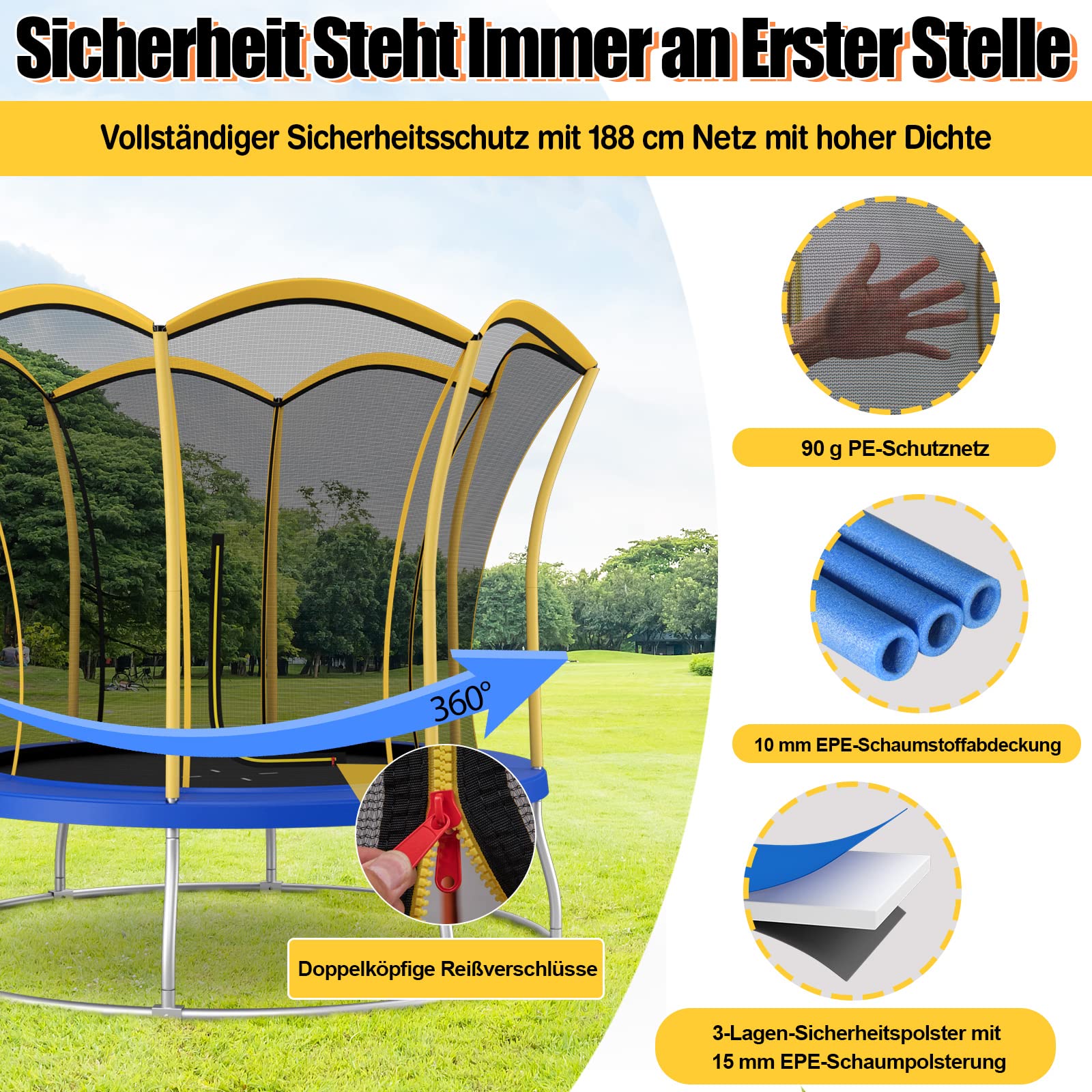 COSTWAY φ244cm/ 305cm Gartentrampolin mit Blumenform, GS Zertifiziert, Trampolin Outdoor mit Sicherheitsnetz, gepolsterten Stangen & Randabdeckung, Kindertrampolin Komplettset bis 190 kg belastbar