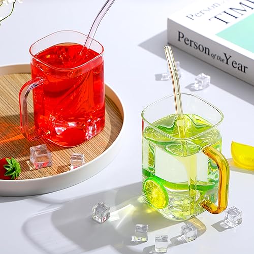 Miniatura 7 de Gejoy 6 tazas cuadradas de vidrio con pajitas, vasos de cóctel finos y bonitos, vasos de café helado portátiles con asa y cepillos para pajilla,