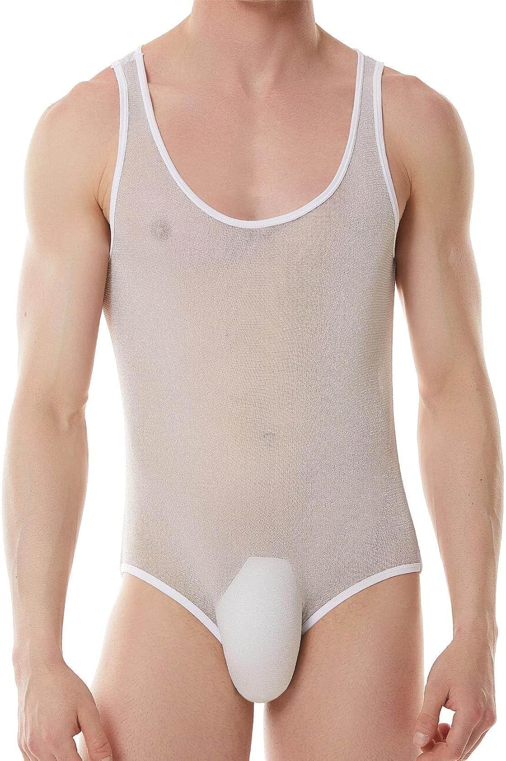 FEOYA Leotard for Mens Sissy Lingerie Shiny Sheer Sleeveless Bodysuit One Piece Mesh See Through Mankini Jumpsuit