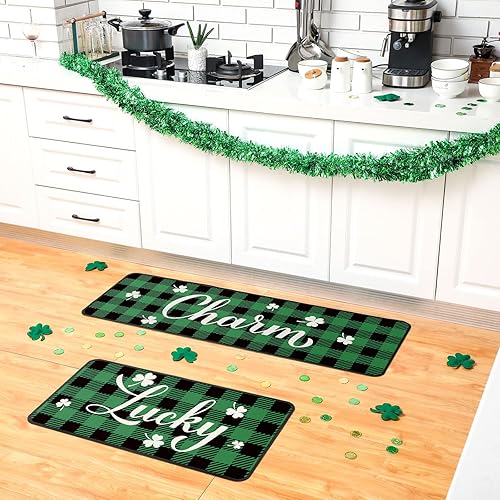 Miniatura 2 de Juego de 2 alfombras de cocina para el día de San Patricio diseño de búfalo irlandés con diseño de trébol de la suerte color verde estilo granja con