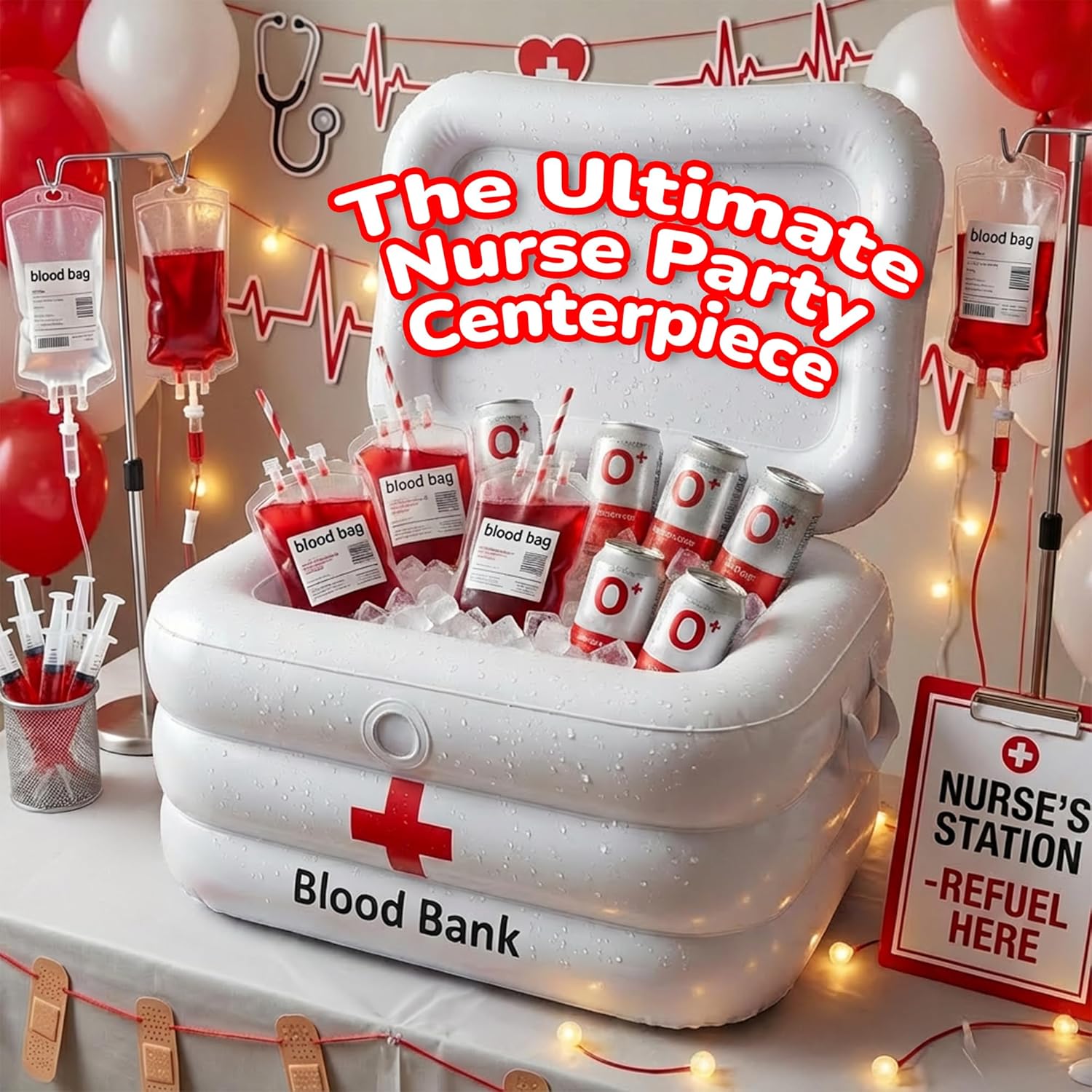 ArtCreativity Inflatable Cooler - Hospital-Themed Drink & Snack Holder, Nurse Graduation Party Decorations, Halloween Party Decor, Scary Gothic Decor, Vampire Blood Prop, 23" x 11" x 16.5"