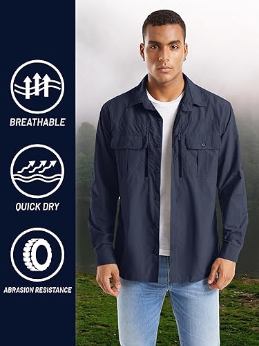 Miniatura 7 de TACVASEN Camisa de pesca para hombre, camisa de manga larga de secado rápido, camisa táctica con botones, camisa de trabajo ligera safari