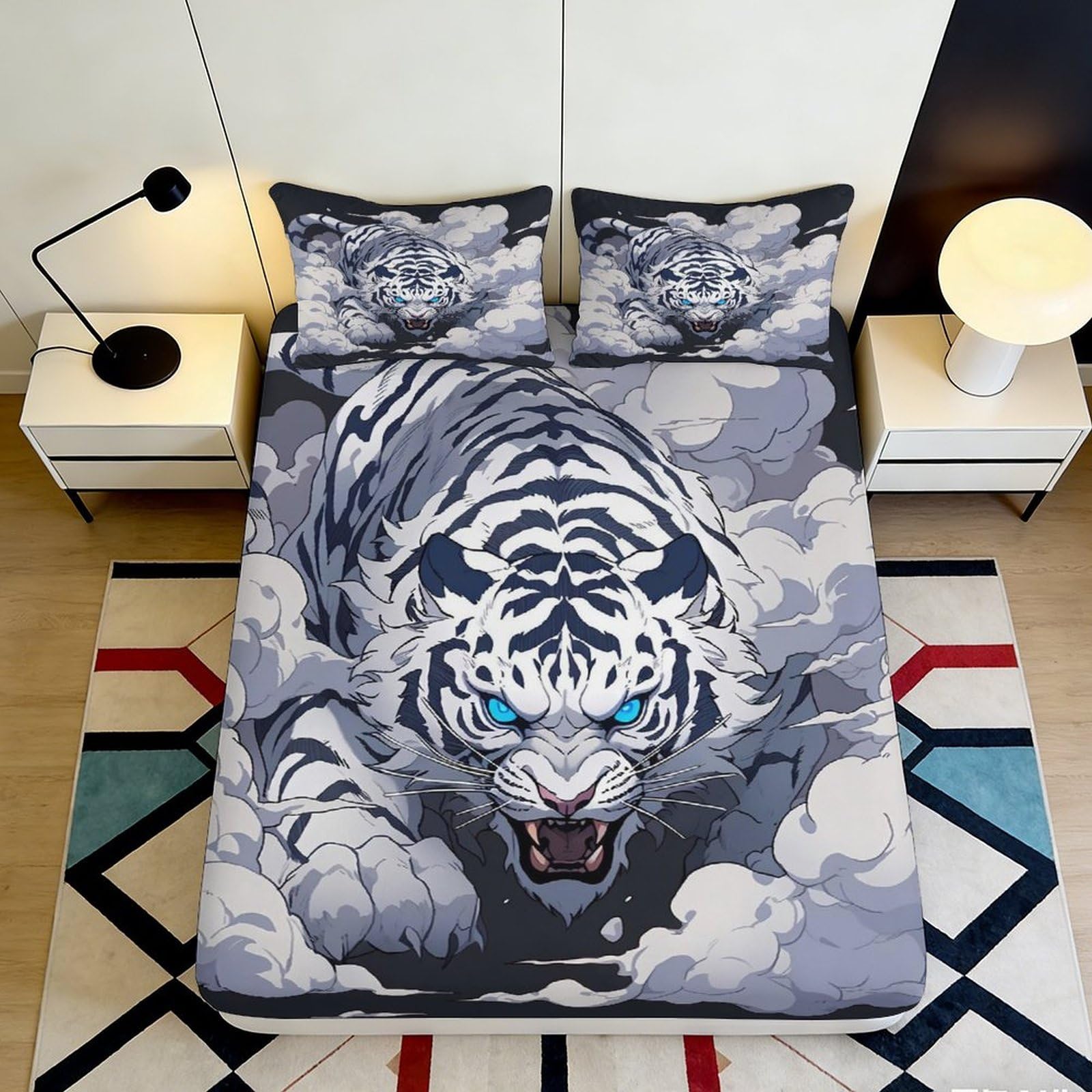 3D Printed Fierce Tiger Fitted Sheet Microfiber Soft Breathable Roaring Tiger Bed Sheet for Bedroom Dormitory Guest Room Mattress Protection Decor 140x200x25cm
