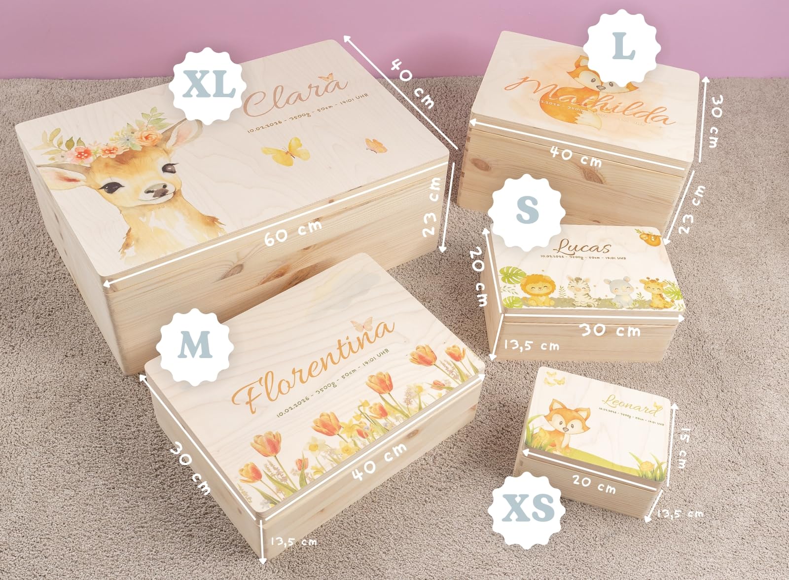 Pinus Erinnerungskiste Holz personalisierbar 60x40x23 cm | Wunschtext Name Datum, Kiefernholz, UV Druck, Baby Erinnerungen, Geschenk Geburt Taufe 1 Geburtstag