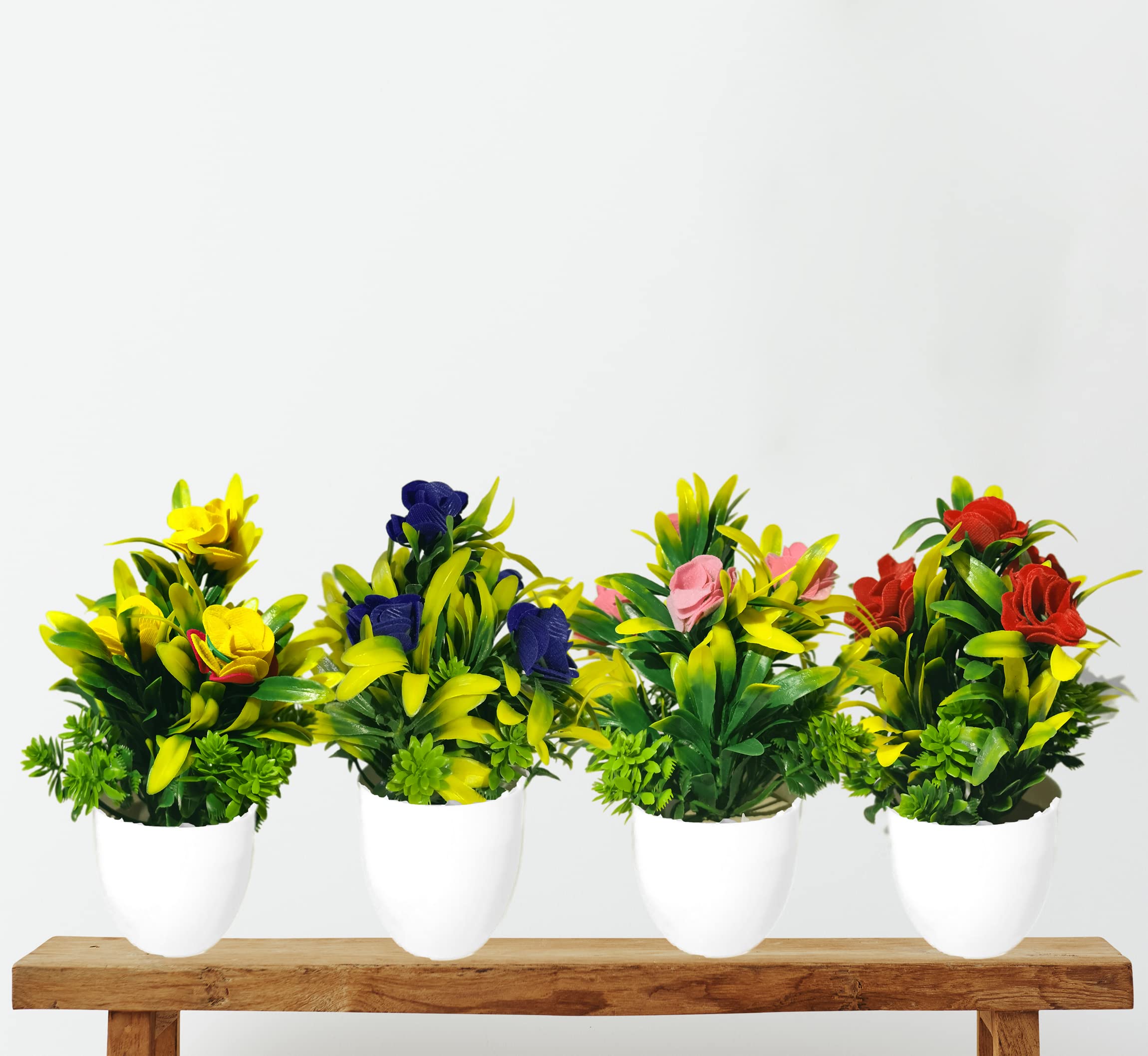 Asharya® Artificial Flower Plants for Home Décor – Set of 4 Mini Potted Plants (7 Inch) in White Pots | Pink, Yellow, Red & Blue Faux Flowers for Living Room, Office, Indoor Outdoor Decoration