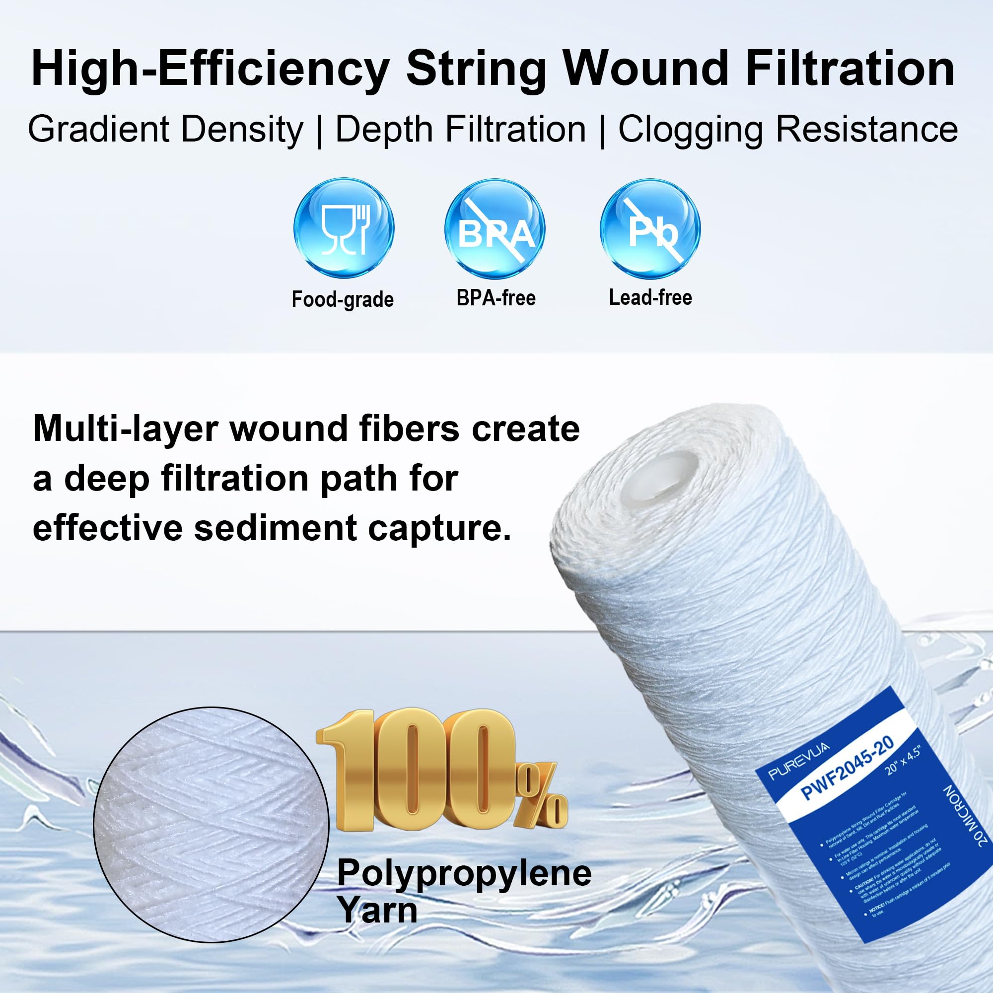 Filtro per sedimenti a filo avvolto da 5 micron, 50,8 x 11,4 cm, cartuccia filtro dell'acqua per tutta la casa, compatibile con WP5BB20P, SWC-45-2005, adatta a alloggiamenti grandi standard da