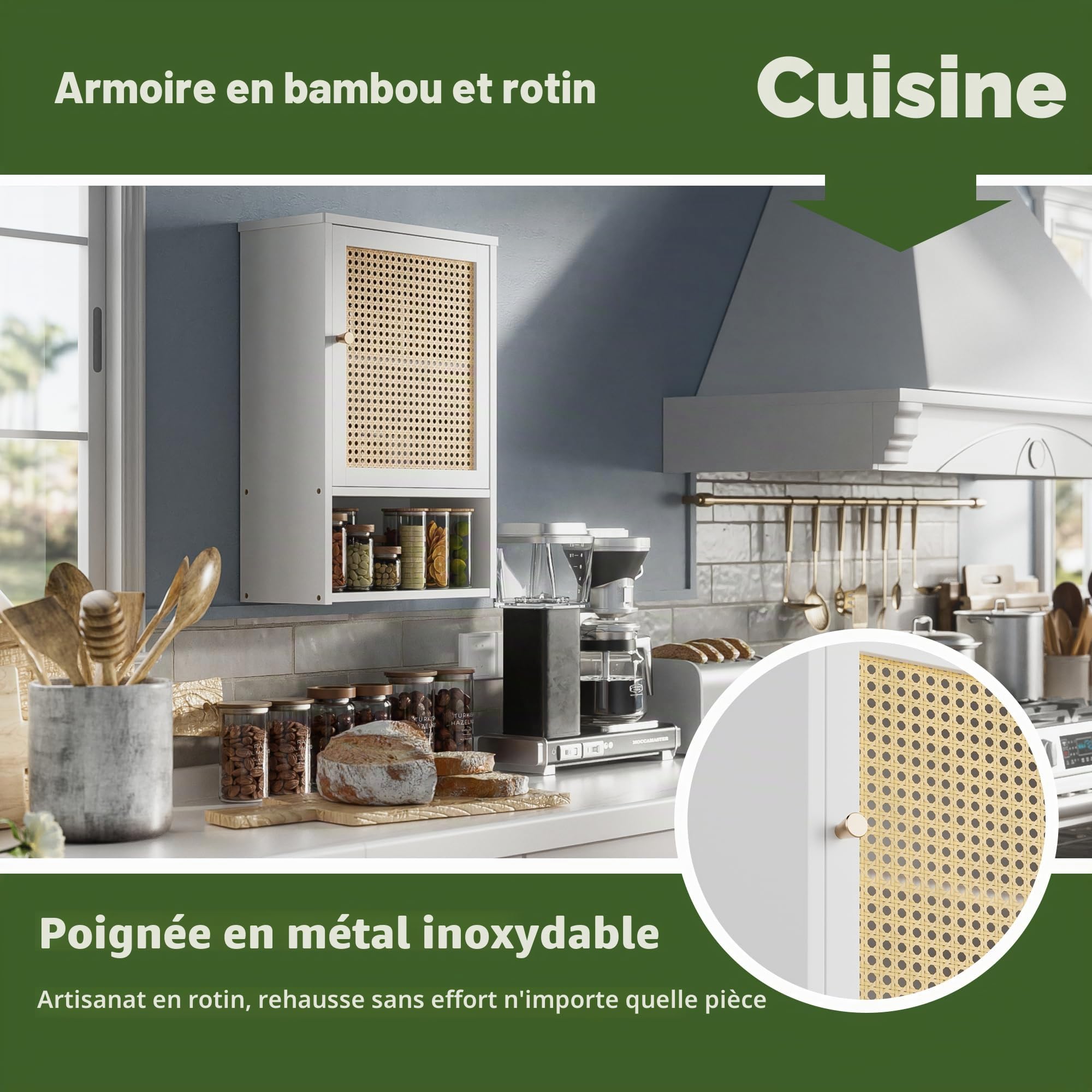 Armoire Murale de Salle de Bain en Bambou avec Portes en rotin et étagère réglable, Armoire à Pharmacie économiseur d'espace pour Linge, Cuisine, Salon (Blanc)