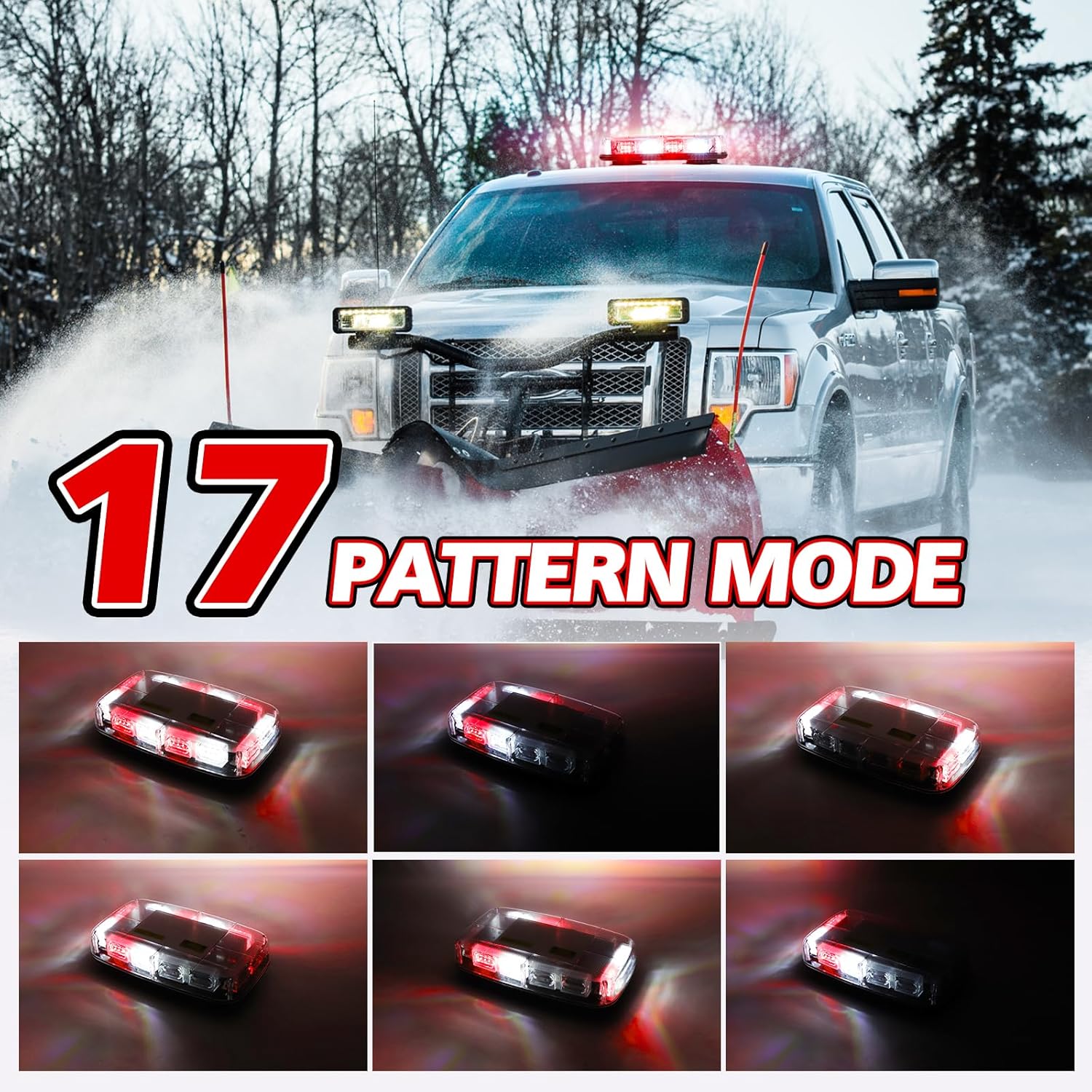 Wireless Strobe Light Battery Rechargeable, High Low Brightness, 17 Flashing Mode, 48pcs Led, Beacon Roof Top Hazard Flash Warning Lights for Vehicles Trucks Snow Plows Postal, White Red, 1PC Pack