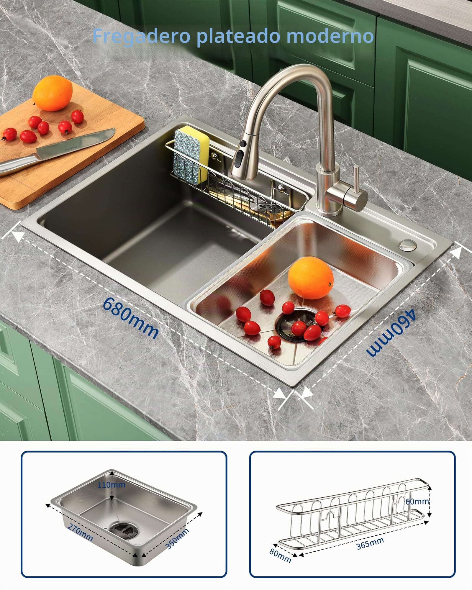 Fregadero de Cocina de Acero Inoxidable 68x46 cm, 1 Cubeta con Sifón, Desbordamiento y Accesorios de Vaciado, Fregadero Moderno Multifuncional para Encimeras > 80 cm (Plateado)