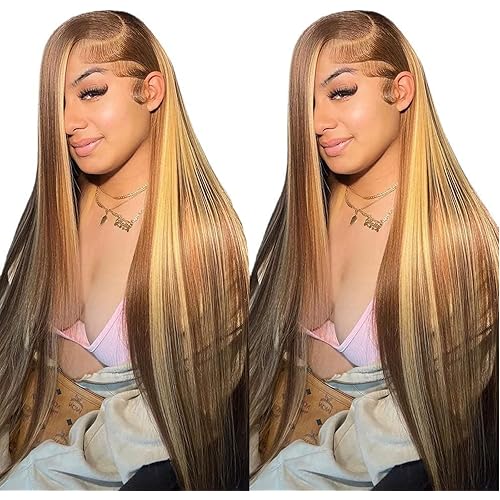 30 Inch 13x4 Highlight Ombre Straight Lace Front Wigs Human Hair Pre Plucked #4/27 Colored Glueless Wigs Honey Blonde Brazilian Lace Frontal Wigs Human Hair for black Women with Baby Hair