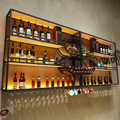 Miniatura 8 de Estante de madera para vino montado en la pared con 2 soportes para vidrio, estante de vino con colgador de copas, estantes flotantes de licor para