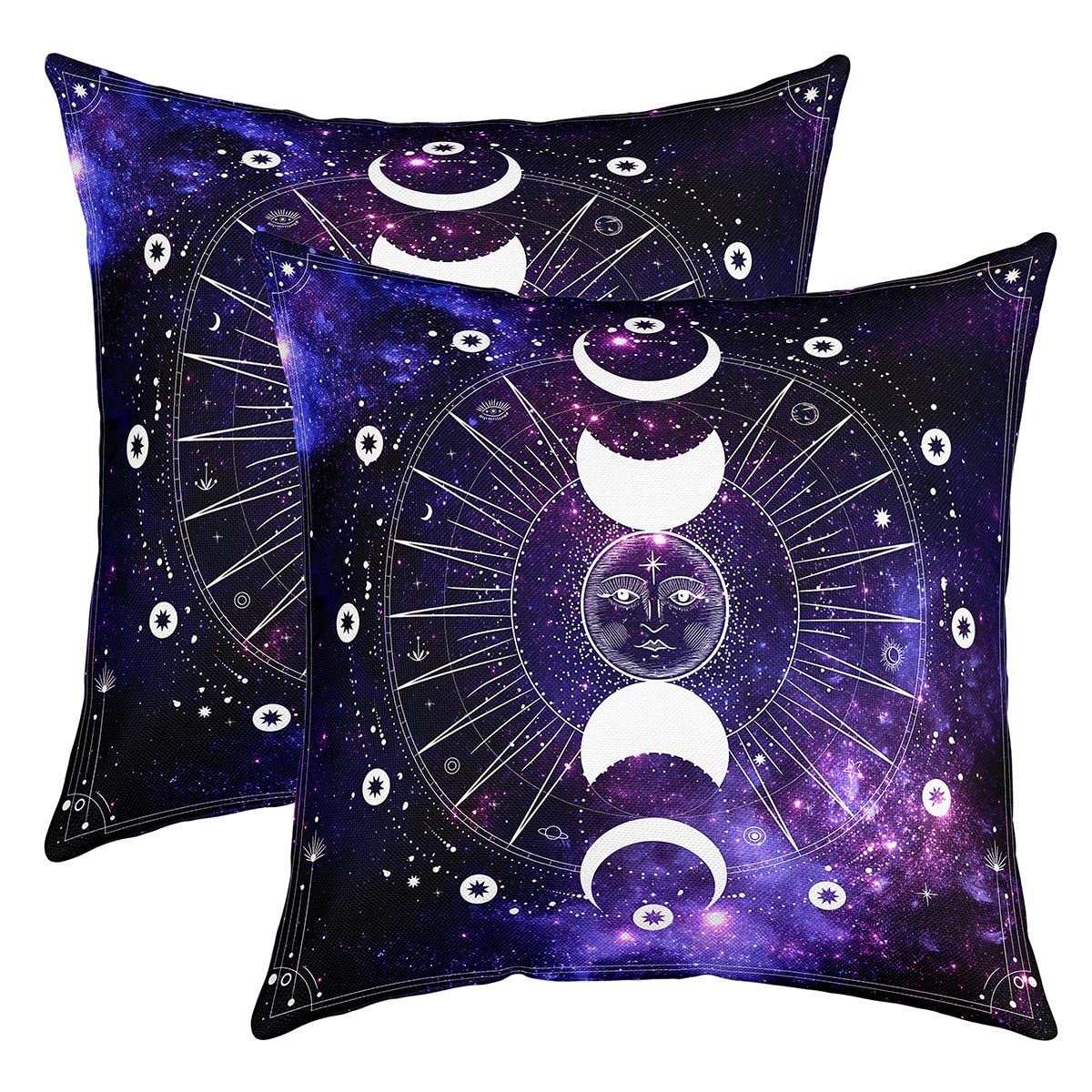 richhome The Sun and Moon Pillow Cover Boho Starry Galaxy Shining Stars Decorative Pillow Cover Double Sides Print Fancy Purple Black Sky Throw Pillow Cover for Living Room Couch,Pack of 2,18"x18"