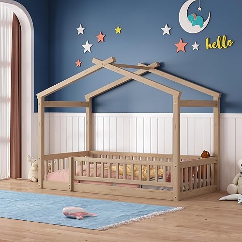 Quarte Marco de cama de madera de tamaño individual con valla y techo, cama de madera para niños y niñas, se puede decorar (naturalcerca  1)