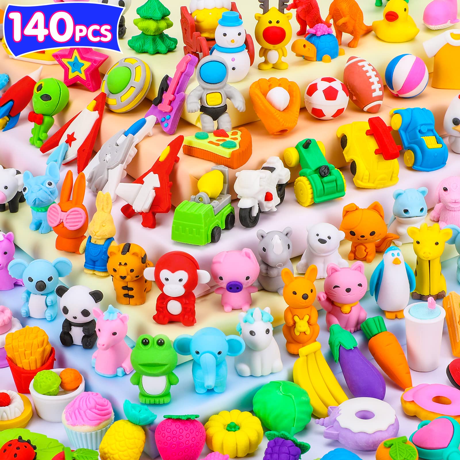140PCS Mini Animal Erasers for Kids Bulk, Cute Desk Pets Kids Prizes Treasure Box Toys for Classroom Rewards Back to School Supplies, Random 3D Puzzle Erasers Kids Party Favors Goodie Bags