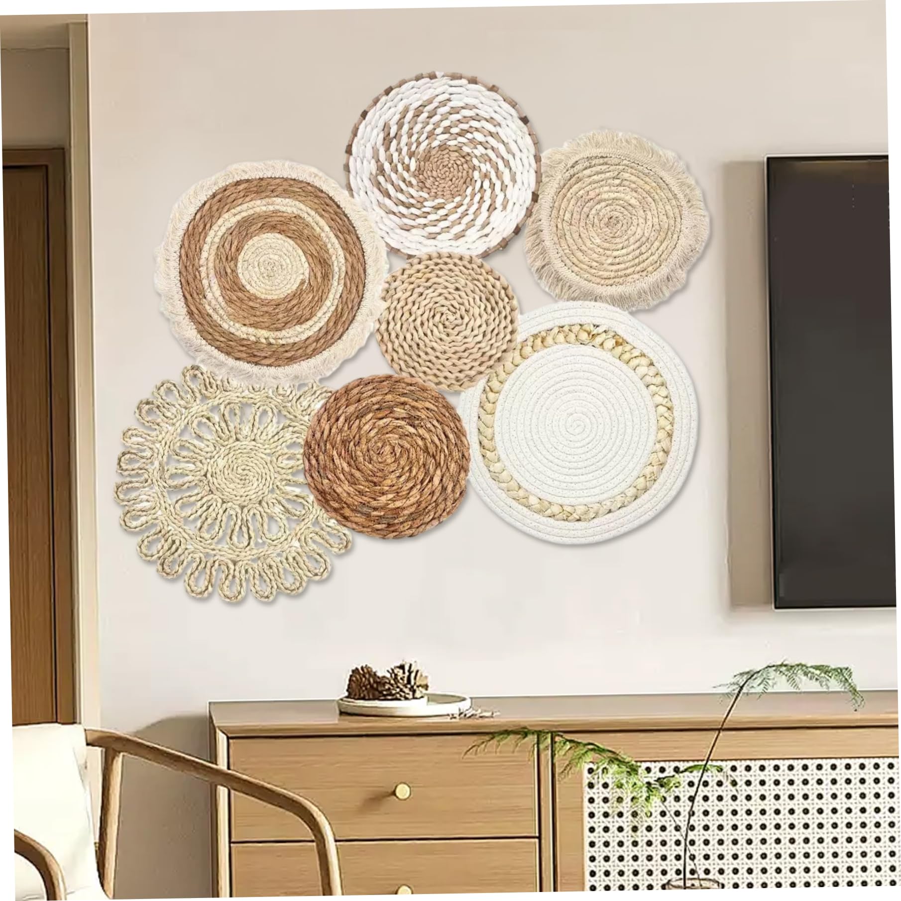 Hintyne Boho-Wandkörbe 7-teilig/Set Verschiedene Größen und Stile Boho-Wandkorb-Dekor Stroh gewebt und rund dekorative Kunst für Wohnzimmer Schlafzimmer Bauernhaus Kinderzimmer