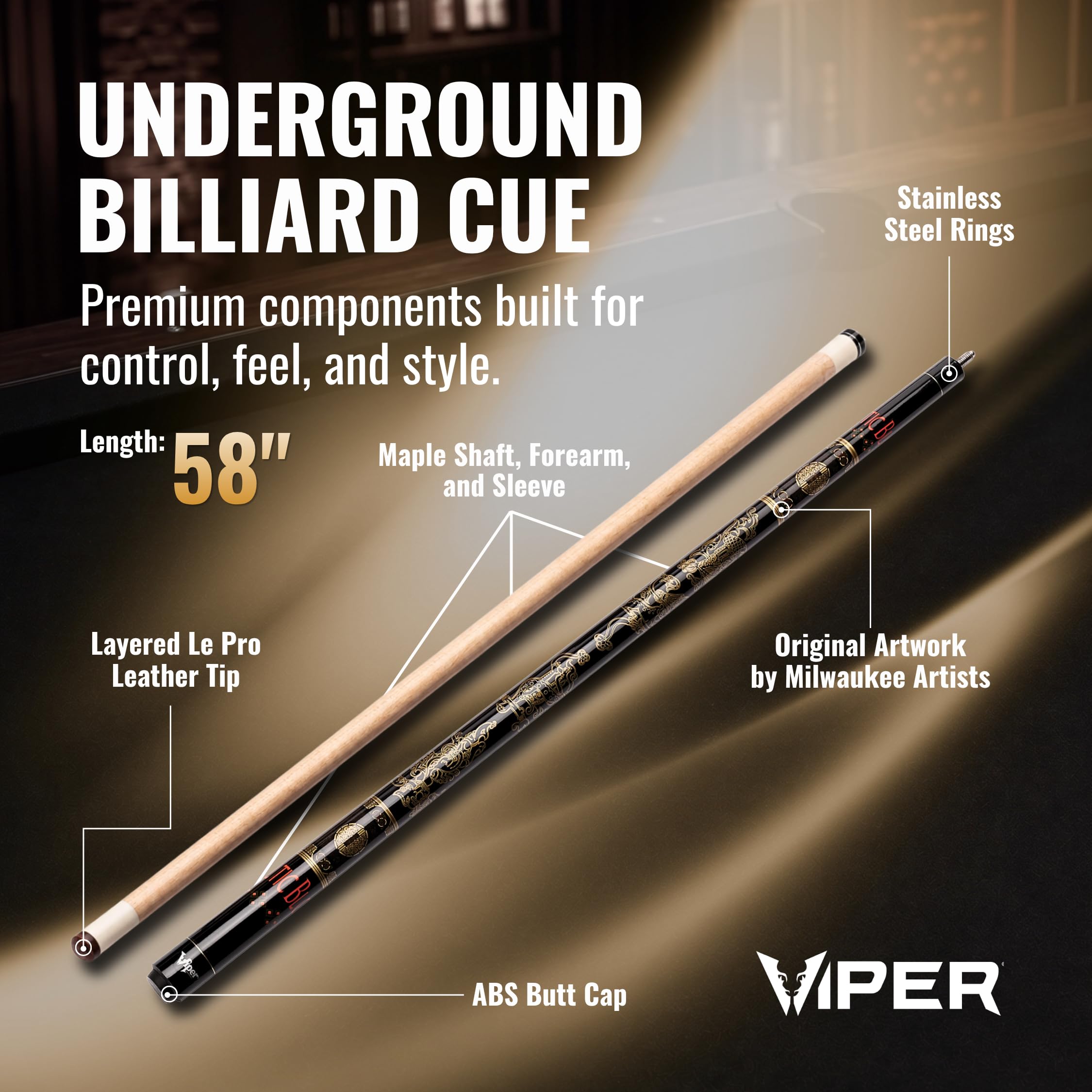 Viper Underground Billardqueue, 147,3 cm, 2-teilig, Keltisches Blut