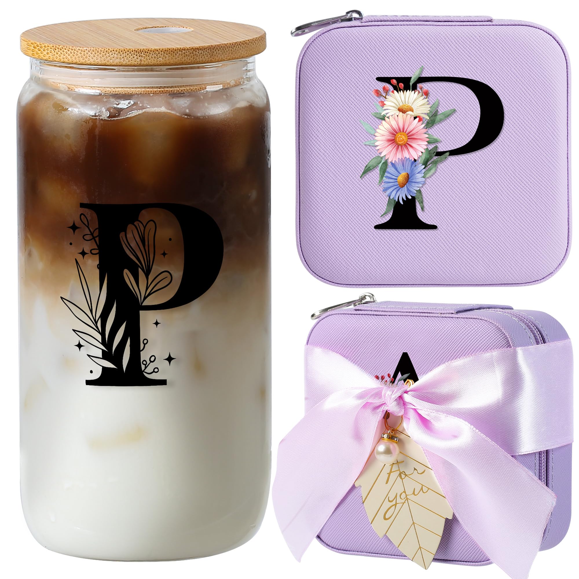AYGXU Travel Jewelry Organizer,16oz glass cups with bamboo lids,aesthetic cups,coffee cups,Graduation Travel Essentials Small Jewelry Box,Personalized Jewelry Boxes for Women,Initial P purple