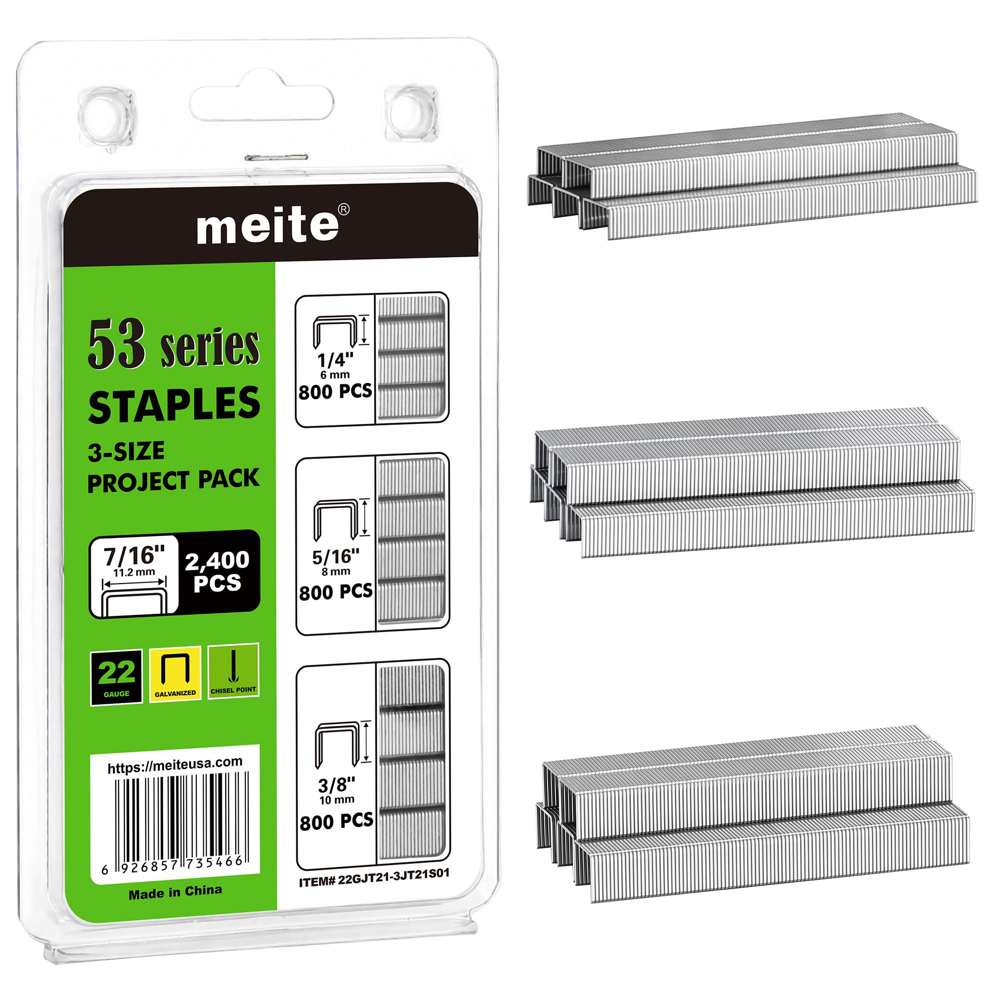 meite JT21 Staples 3 Sizes 6-10 mm Galvanised 11.2 mm Crown 2,400 Counts