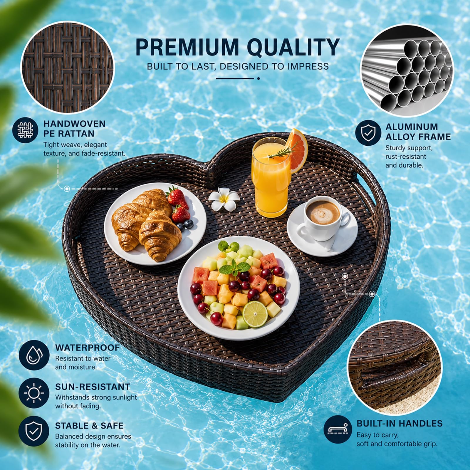 Schwimmendes Pooltablett aus Rattan, Große Floating Pool Bar für Getränke Snacks und Brunch, Pool Tablett für Whirlpool Spa Gartenparty und Sommer Entspannung