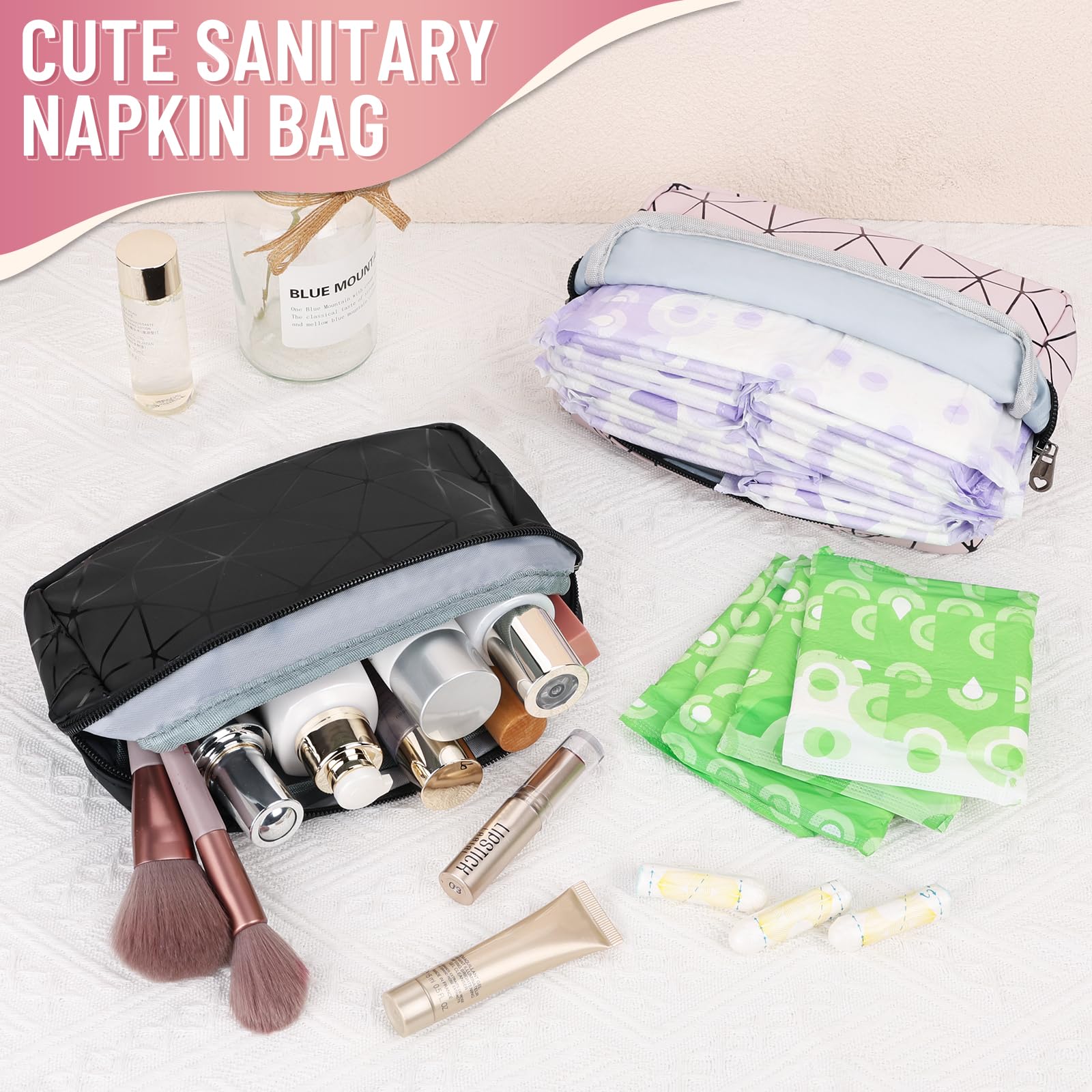 Tampon Holder for Purse Period Bag Waterproof Geometric PU Sanitary Napkin Storage Bag Portable Menstrual Cup Pad Pouch Cute Makeup Bag Feminine Gift Vibrant Blue