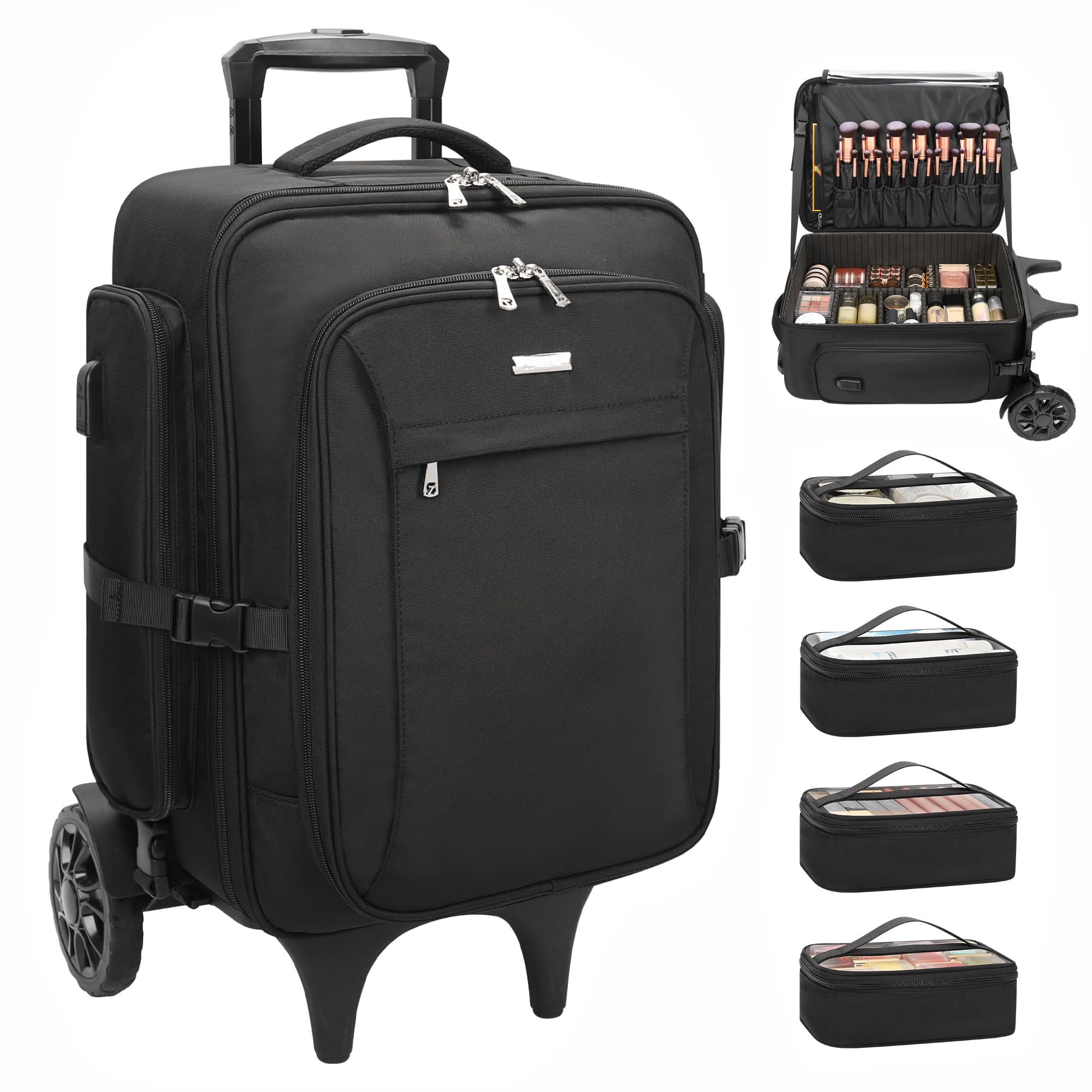 Relavel Professional Rolling Makeup Train Case with Large Wheels, Detachable Handle, Lockable Cosmetic Organizer Case with Backpack Straps, Adjustable Dividers, 4 Small Bags for Artists Travel, Black