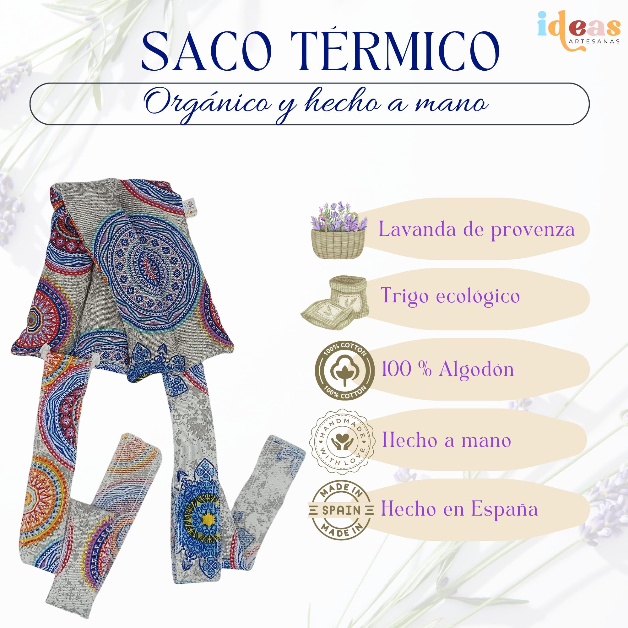 Saco Semillas Microondas-Cojin Térmico Ajustable al Cuerpo-100% Algodón con trigo y Lavanda-Bolsa para Alivio Natural de Dolores Musculares,Menstrual y Lumbago. (Mandala Azul)