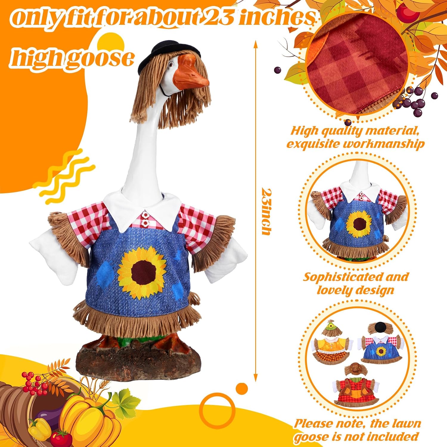 3 Set Thanksgiving Fall Goose Outfit 23 Inch Fall Pilgrim Cement Goose Outfit Thanksgiving Scarecrow Porch Decor Clothes Costume for Autumn Garden Yard Statue Decor