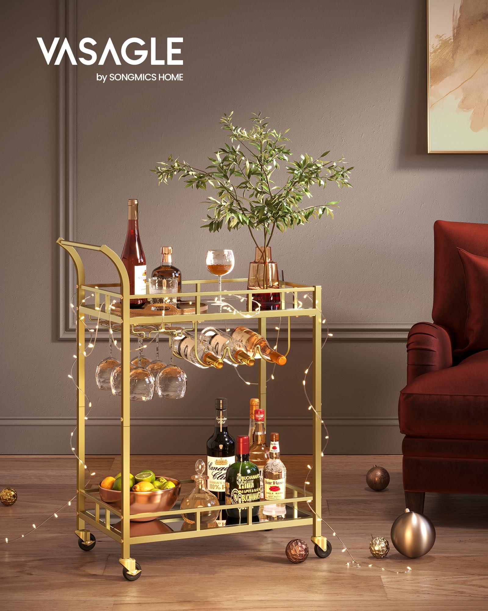 VASAGLE Desserte pour Boissons, Chariot à roulettes, Meuble de Cuisine, 2 Niveaux en Verre Réfléchissant, avec Porte-Bouteilles, Porte-Verres, pour Bar, Cuisine, Salle à Manger, Doré LRC092A62