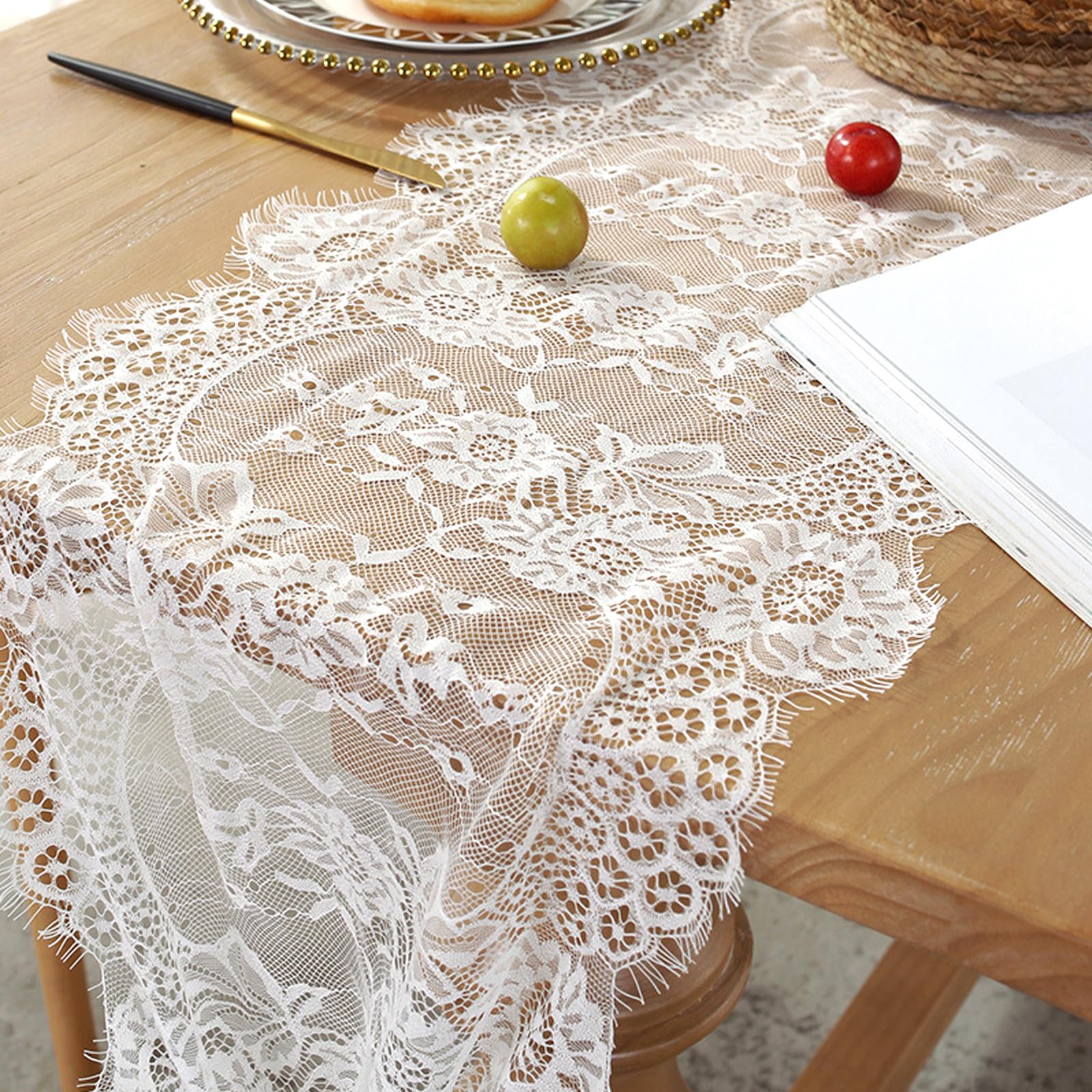BSITSSS 2 PCS Table Runners, White Lace Table Runner 36 x 300 cm, Tables Decor Table Cloth for Wedding Bridal Baby Shower Kitchen Dining Holiday Party Decoration