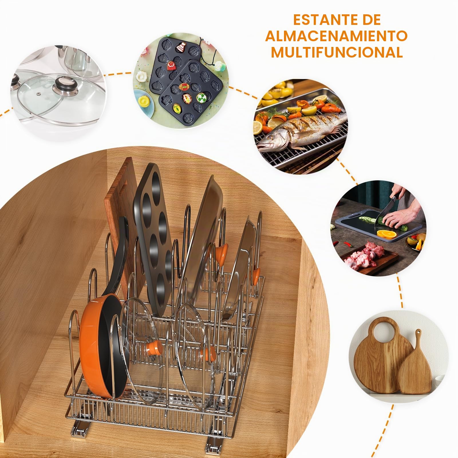 VyGrow Organizador de ollas y sartenes debajo del gabinete, organizador de ollas y sartenes con 10 separadores ajustables, universal, organizador de gabinete extraíble para tapa de olla, tabla de