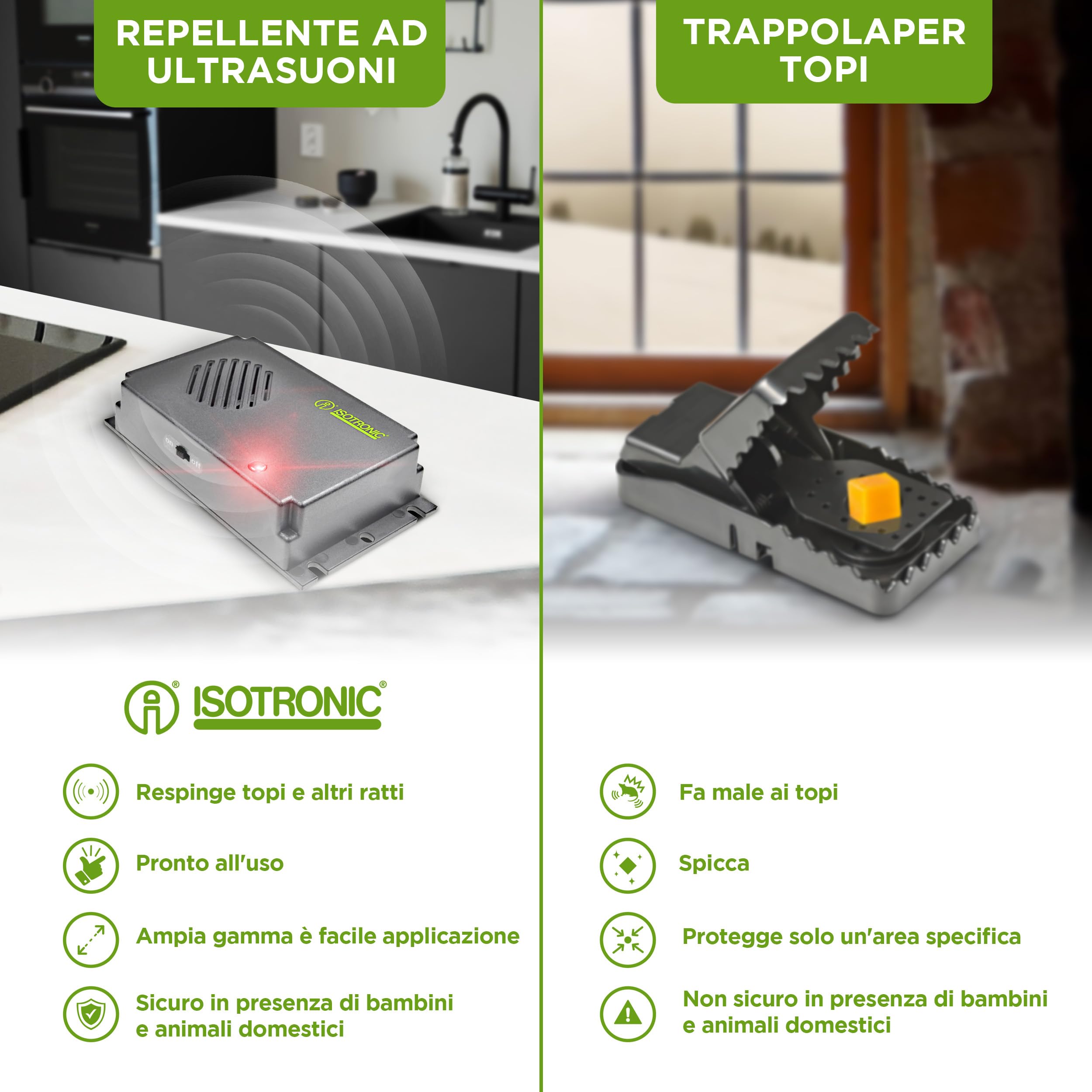 ISOTRONIC repellente topi ultrasuoni ratti disinfestante interni luce orientamento inclusa deterrente senza veleno trappola portata 30m² 3 unità efficace casa soffitta garage protezione difesa stop