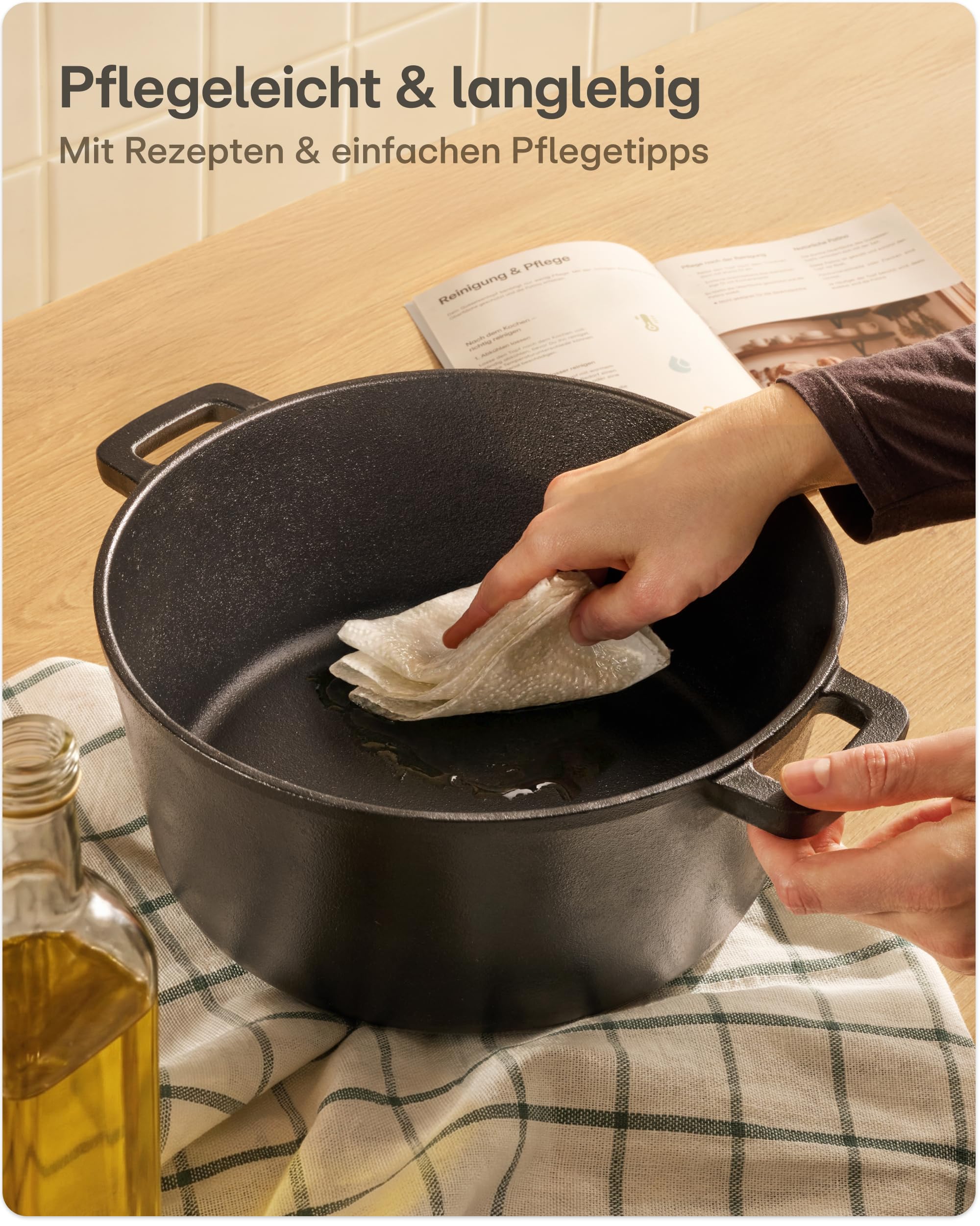 Praknu Gusseisen Topf für Brot Backen Set (26 cm Brottopf) – Inkl. Gärkorb, Brotbeutel & Brotbacktopf – Bräter mit Deckel –Brotbackform – Brot Backen Zubehör- Rund 4,7 L