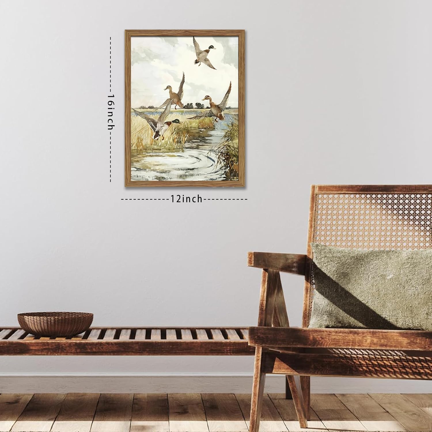 Wood Framed Vintage Duck Wall Art, Country Mallard Duck Wildlife Wall Decor Paintings, Retro Rustic Marsh Landscape Hunting Posters Prints Pictures for Living Room, Bedroom, Office 12x16 Inch
