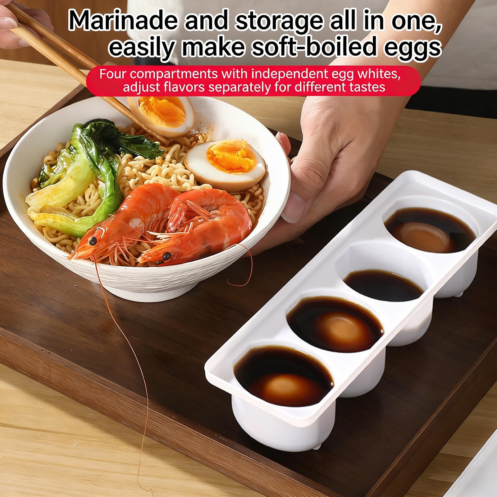 XAGMODSHN Caja marinadora de huevos de 4 compartimentos para huevos de ramen caseros, perfecta para uso en la cocina y conservación de alimentos, estuche denso para condimentos de ovocitos