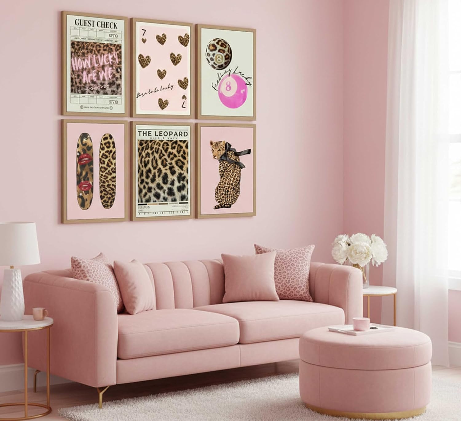 KXIAHTTEN 6Pcs Trendy Leopard Canvas Wall Art Pink Funky Preppy Cheetah Lucky 8 Ball Aesthetic Painting Pictures Wall Decor Poster Printing Artwork for Girly Bedroom Apartment Dorm Unframed