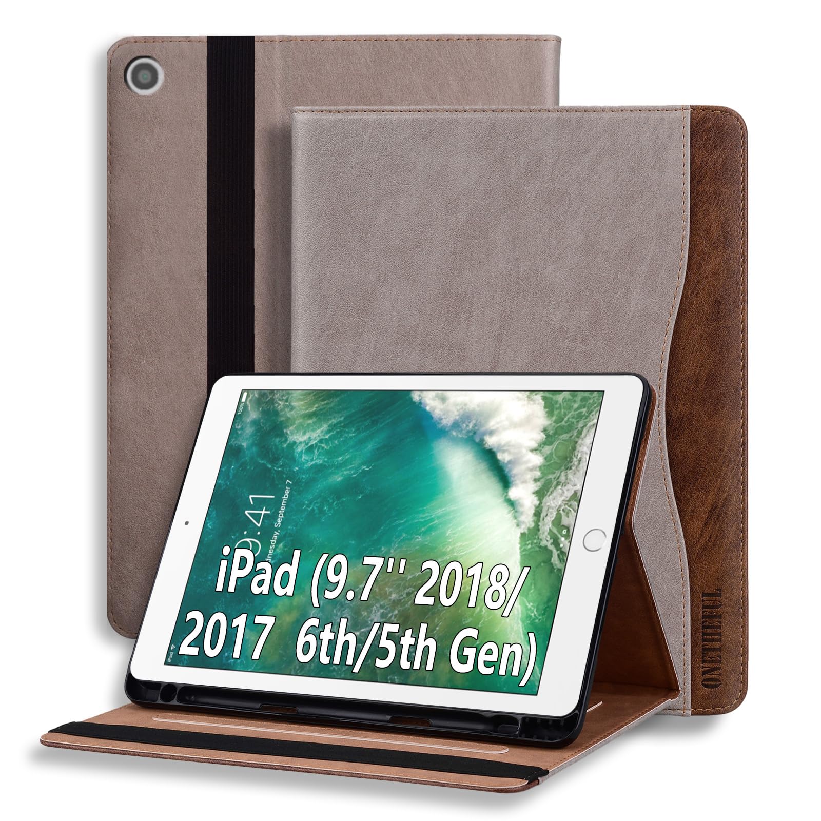 ONETHEFUL Hülle für iPad 9.7 Zoll 6. Generation 2018/5. Generation 2017 /iPad Air 1/2,Premium Pu Leder Klappständer Schutzhülle mit Stifthalter und Dokumentschlitze,Auto Schlafen/Wachen Khaki