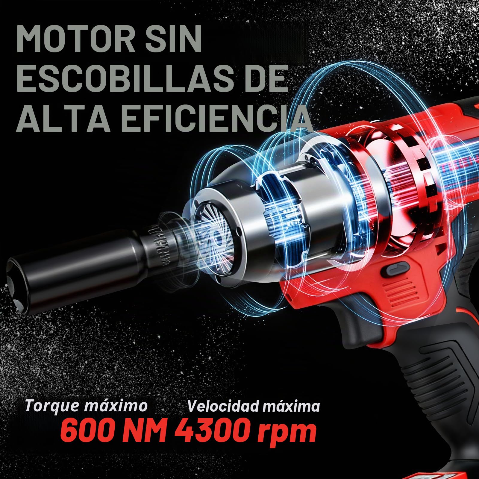 TEENO Llave de impacto, inalámbrica,1/2" Pistola de Impacto Bateria 600 Nm con batería de 1x4.0Ah, llave de impacto con 4 boquillas(17/19/21/22mm), giratoria para coche y uso