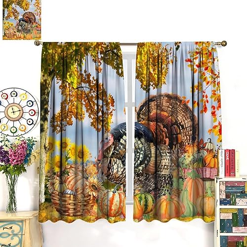 Miniatura 3 de Cortinas rústicas de cosecha de otoño  Acuarela de Acción de Gracias, pavo, girasoles, calabazas, hojas de arce, cortinas de ventana para oscurecer